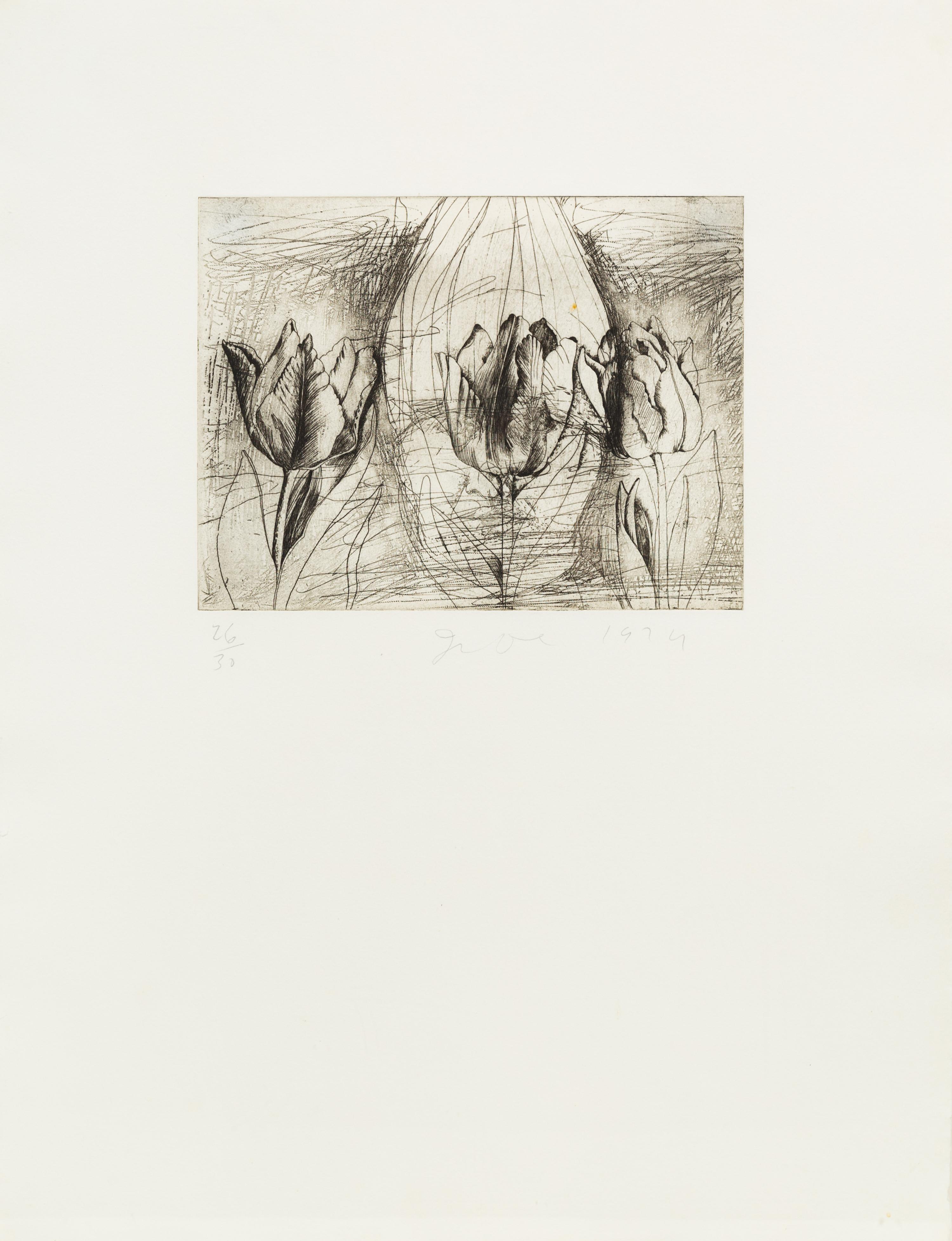 Jim Dine, (American, b. 1935), Self-portrait in a ski hat (Obliterated by tulips), 1974