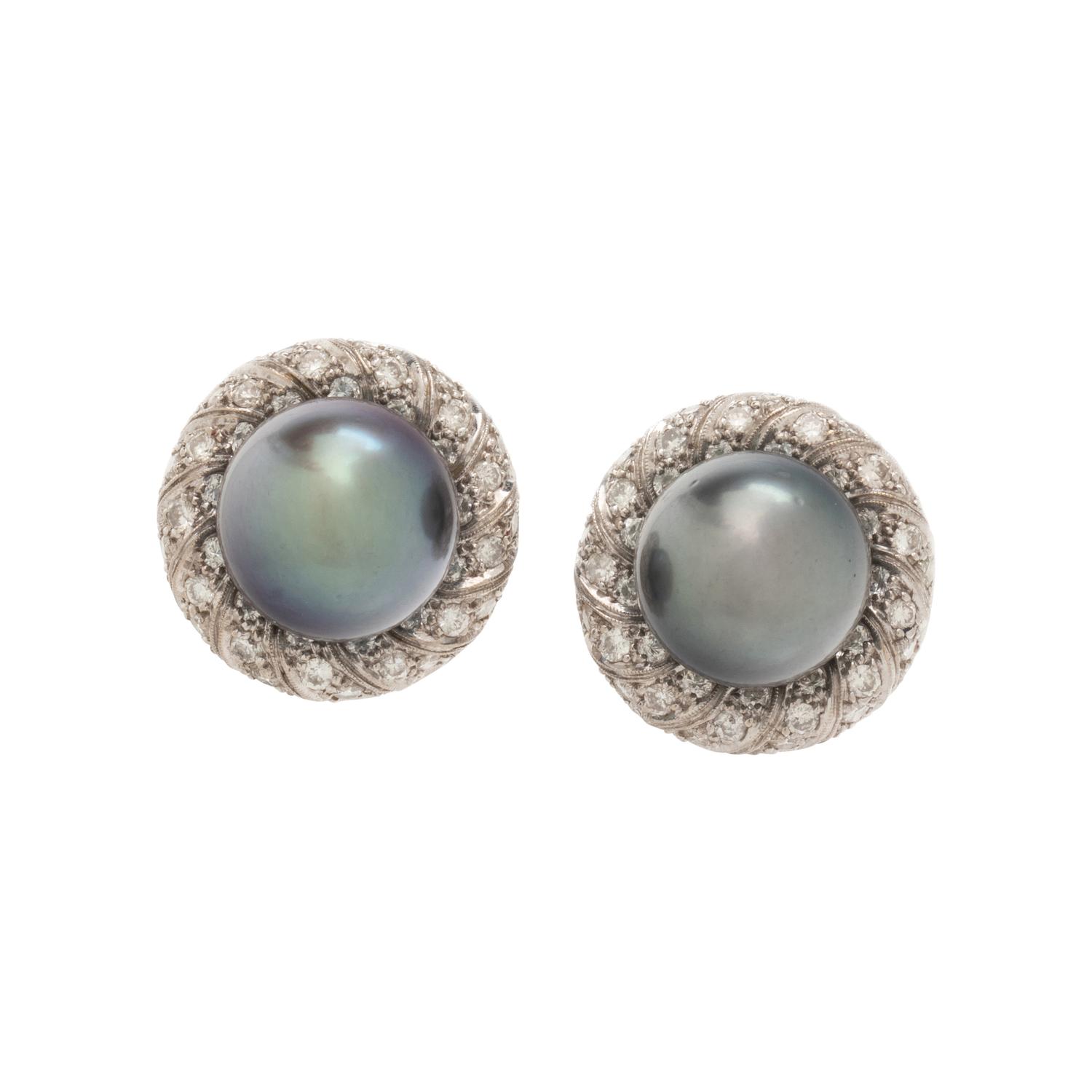 TAHITIAN CULTURED PEARL AND DIAMOND CLIP EARRINGS