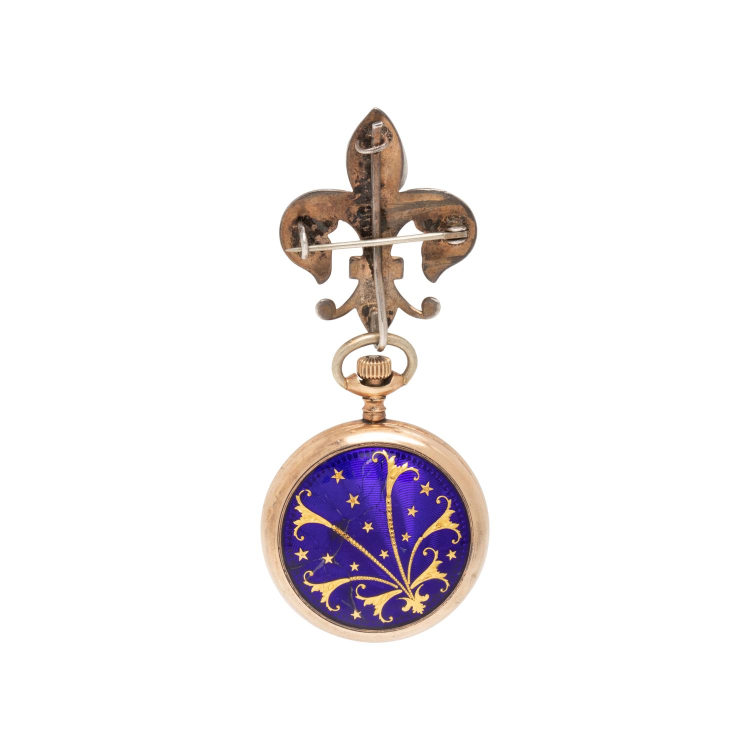 GOLD-FILLED AND ENAMEL OPEN FACE LAPEL WATCH