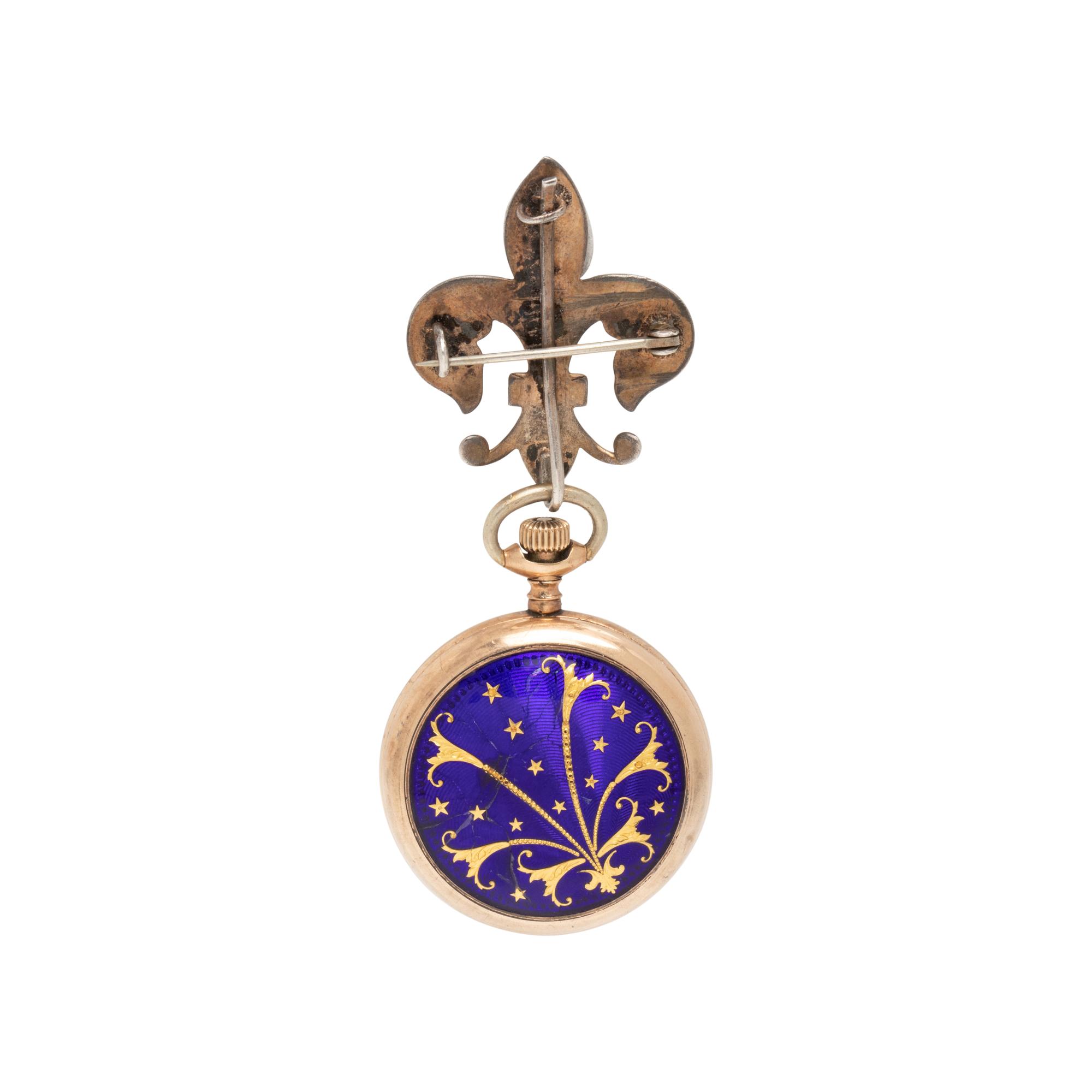 GOLD-FILLED AND ENAMEL OPEN FACE LAPEL WATCH