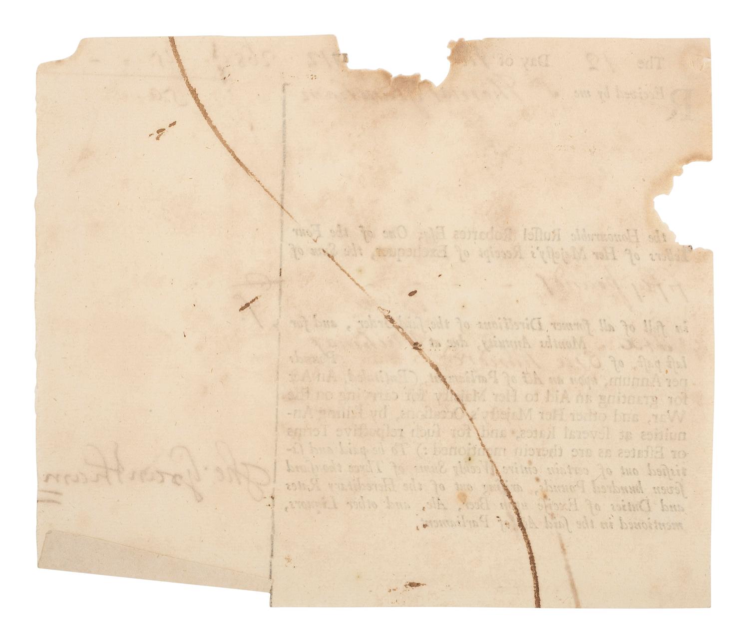 [COLONIAL] -- [BACON'S REBELLION]. GRANTHAM, Sir Thomas. British Exchequer receipt signed.