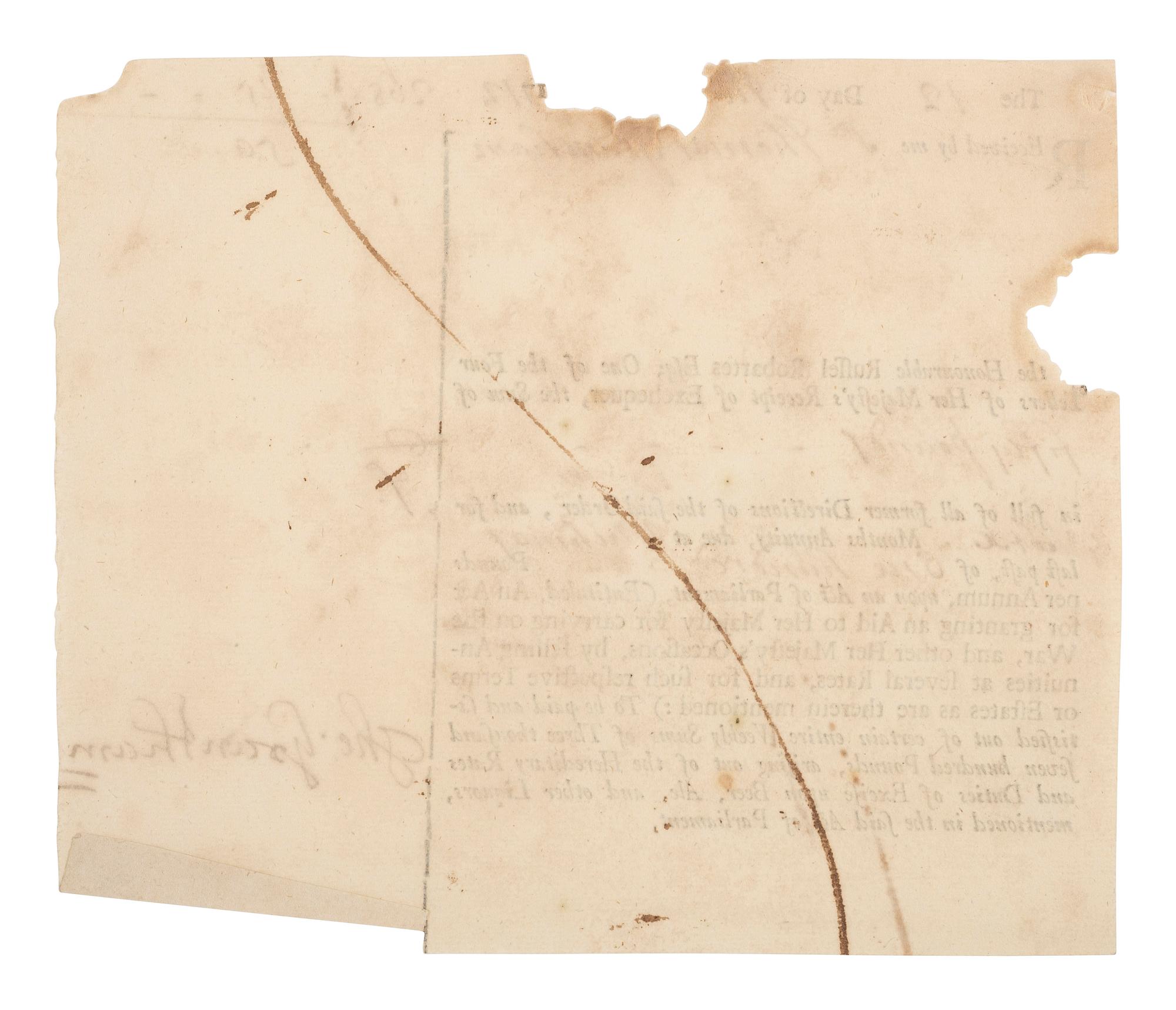 [COLONIAL] -- [BACON'S REBELLION]. GRANTHAM, Sir Thomas. British Exchequer receipt signed.