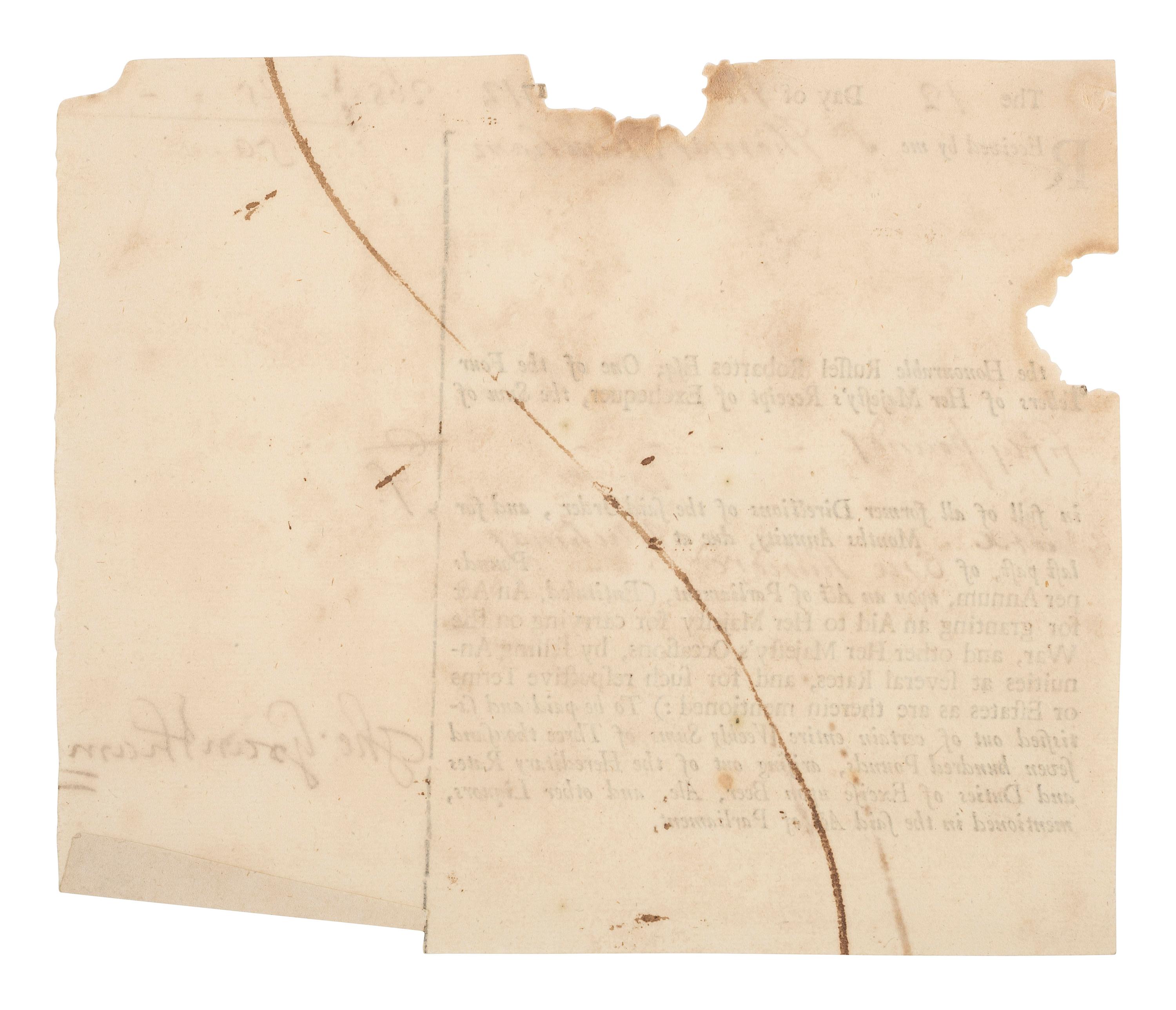 [COLONIAL] -- [BACON'S REBELLION]. GRANTHAM, Sir Thomas. British Exchequer receipt signed.