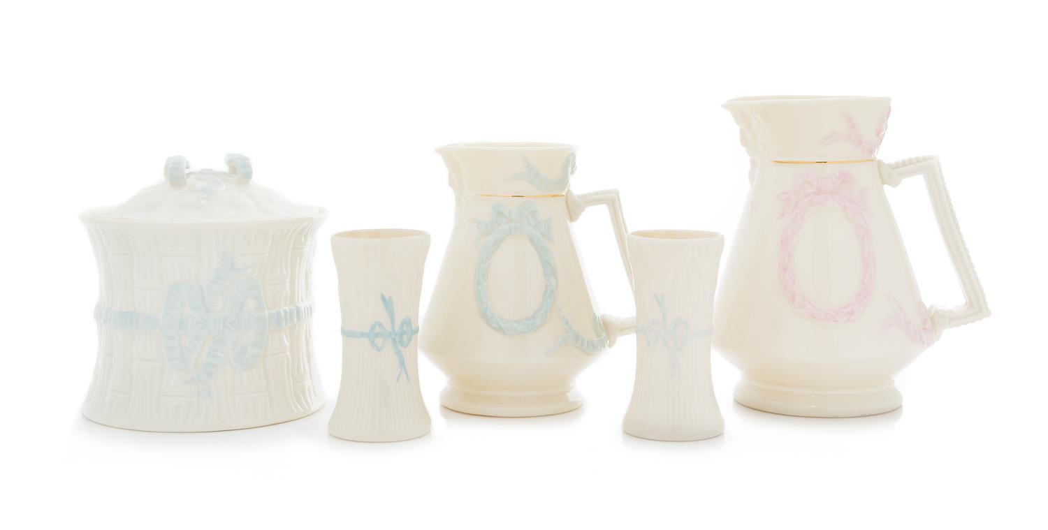 Five Belleek Ribbon Decorated Articles Height of tallest 6 1/4 inches. — SEVENTH GOLD MARK (1980-1983)