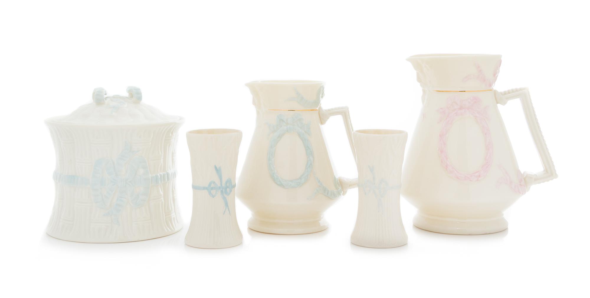Five Belleek Ribbon Decorated Articles Height of tallest 6 1/4 inches. — SEVENTH GOLD MARK (1980-1983)