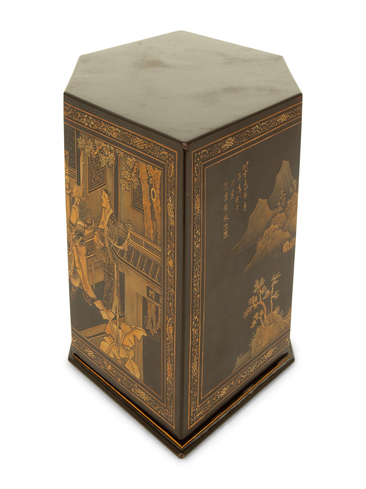 A Straits Chinese Lacquer and Gilt Six-Sided Chanab Offering Box and Stand — 20TH CENTURY