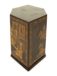 A Straits Chinese Lacquer and Gilt Six-Sided Chanab Offering Box and Stand — 20TH CENTURY