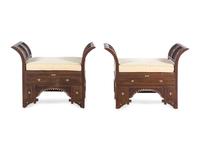 A Pair of Syrian Mother-of-Pearl Inlaid Walnut Benches