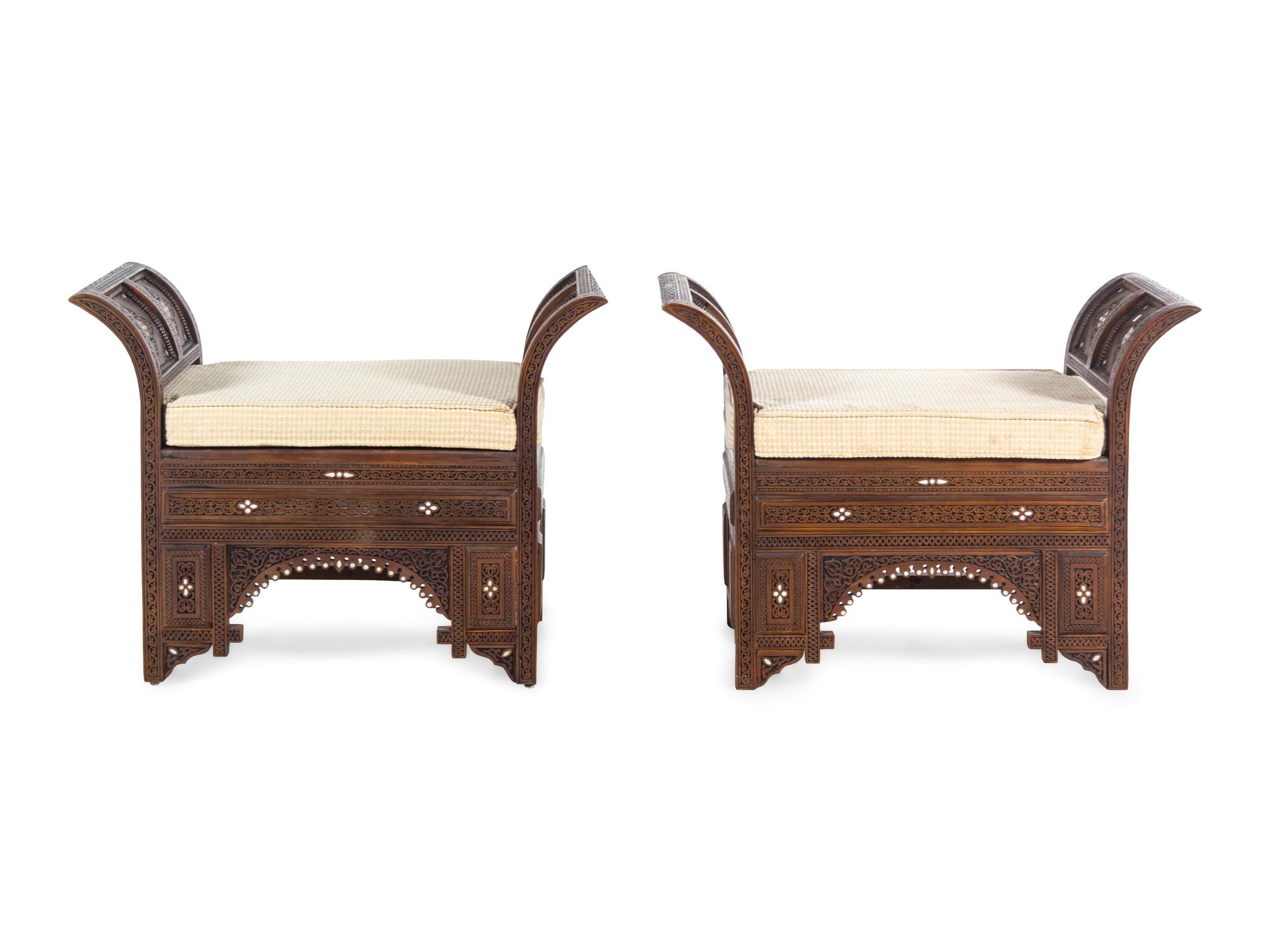 A Pair of Syrian Mother-of-Pearl Inlaid Walnut Benches