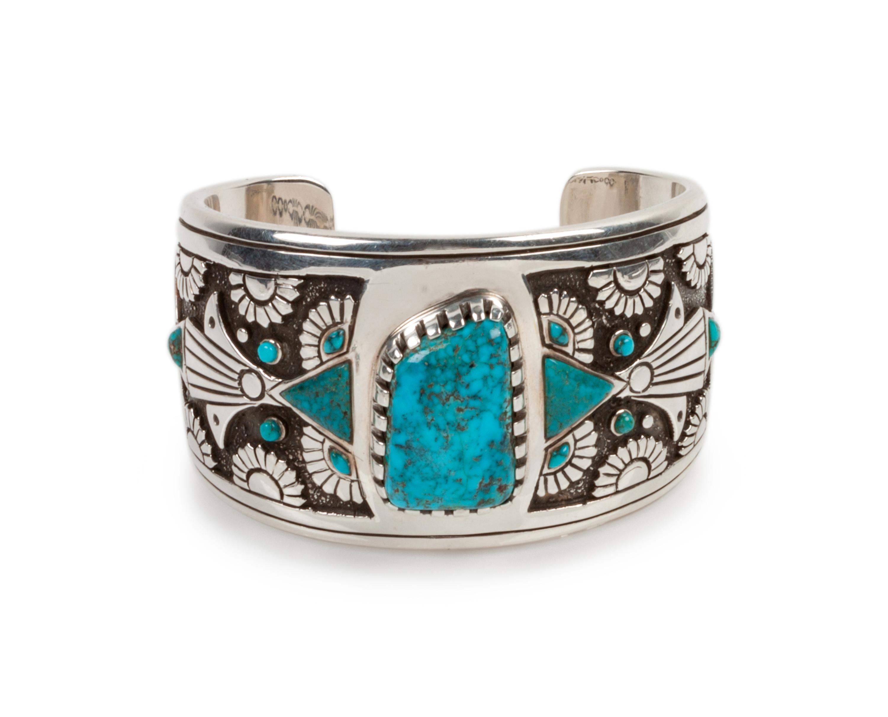 Sterling Silver and Lone Mountain Turquoise Belt Buckle and Cuff Bracelet