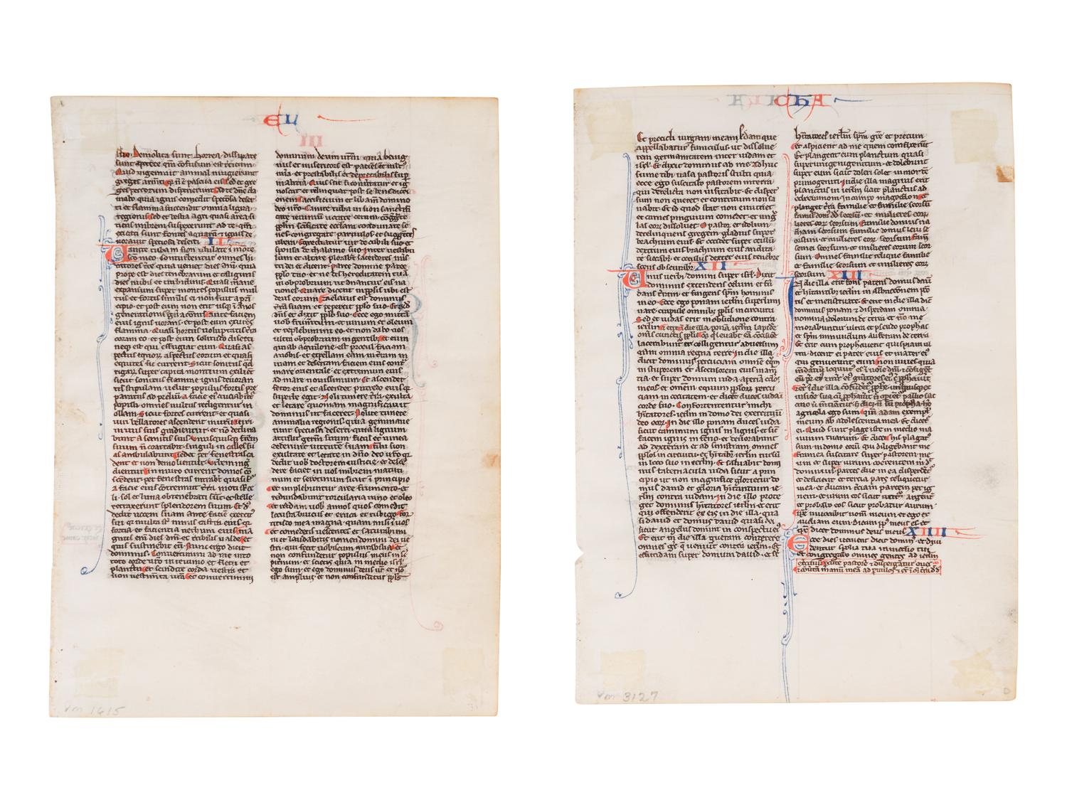 ANONYMOUS FRENCH ILLUMINATOR Two leaves from a Bible, with an historiated initial ‘U’ of Amos and an historiated initial ‘O’ of Malachi, in Latin, illuminated manuscript on parchment [France, Paris (?), c. 1225-1250]