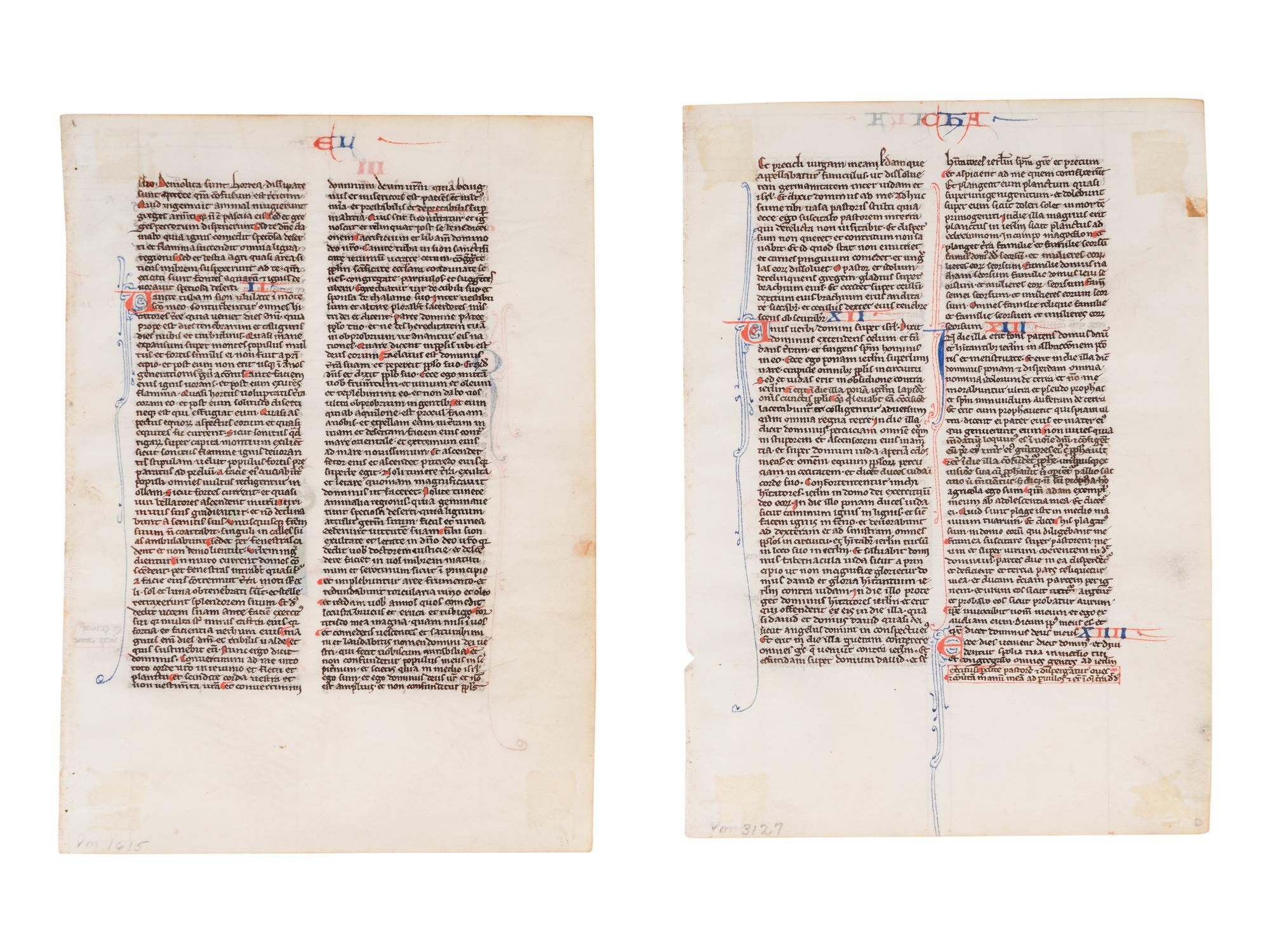 ANONYMOUS FRENCH ILLUMINATOR Two leaves from a Bible, with an historiated initial ‘U’ of Amos and an historiated initial ‘O’ of Malachi, in Latin, illuminated manuscript on parchment [France, Paris (?), c. 1225-1250]