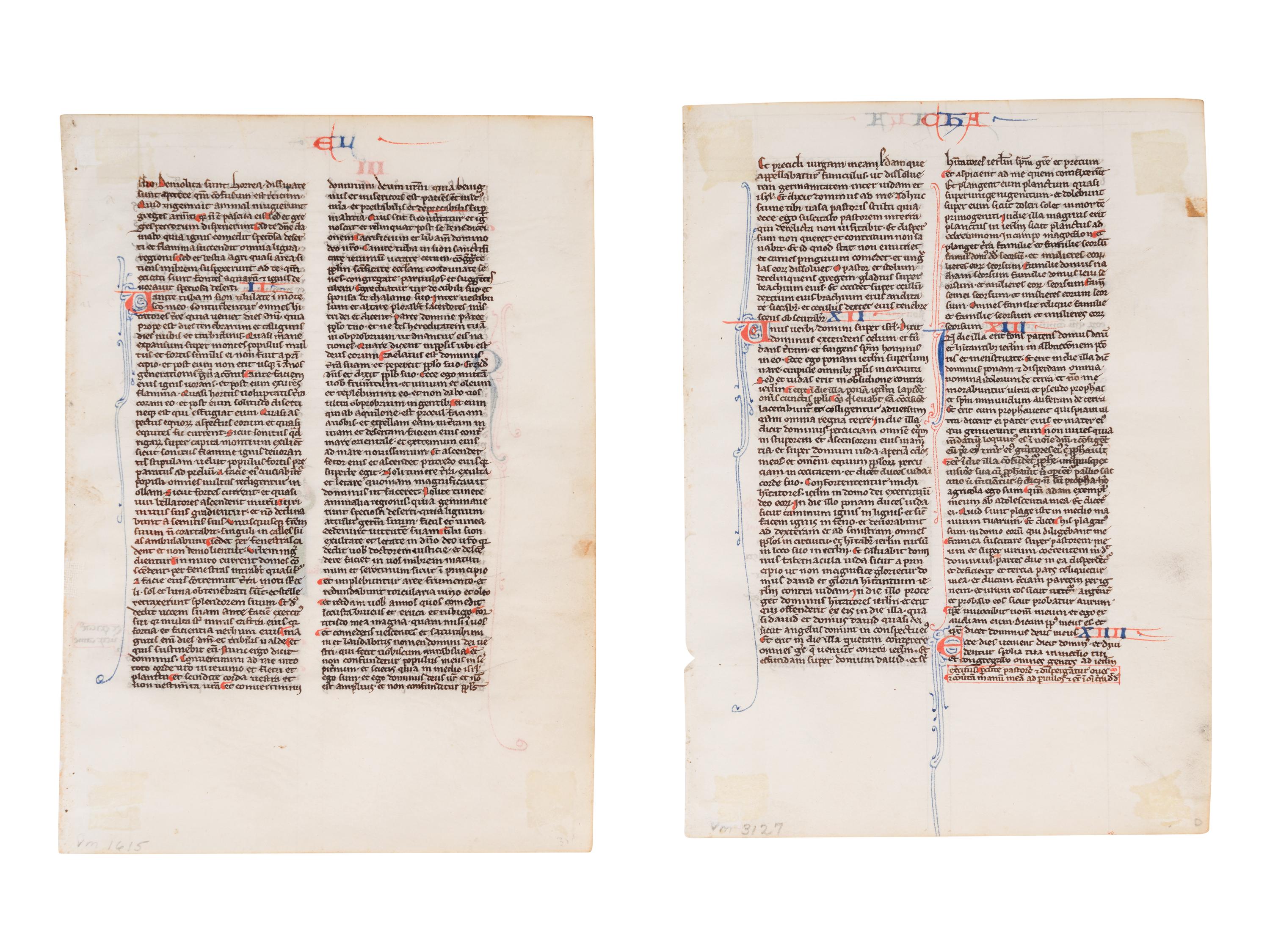 ANONYMOUS FRENCH ILLUMINATOR Two leaves from a Bible, with an historiated initial ‘U’ of Amos and an historiated initial ‘O’ of Malachi, in Latin, illuminated manuscript on parchment [France, Paris (?), c. 1225-1250]