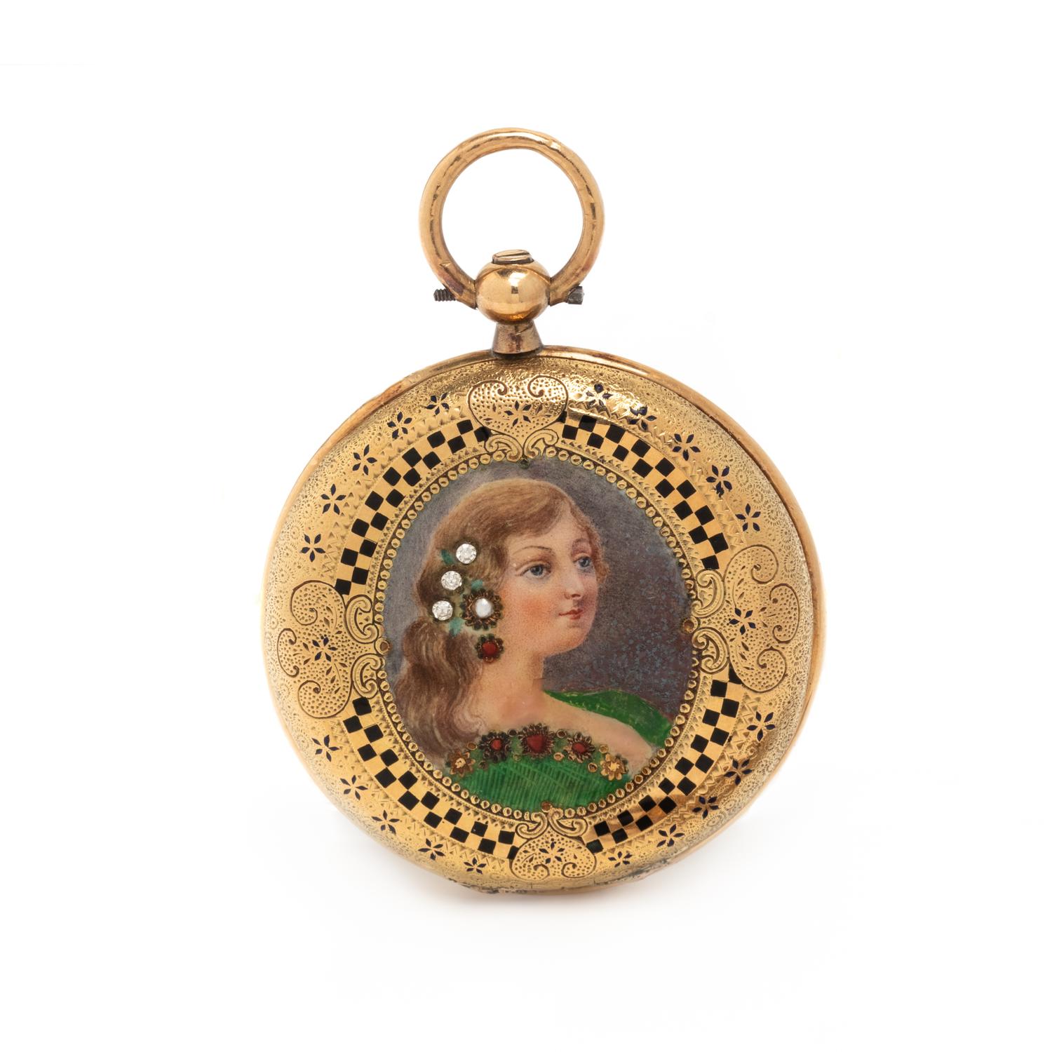 LE ROY À PARIS, YELLOW GOLD AND ENAMEL POCKET WATCH