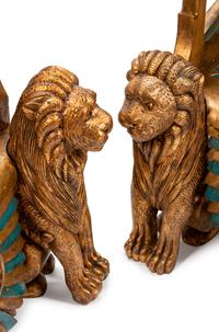 A Pair of Egyptian Revival Style Parcel-Gilt and Polychromed Throne Chairs