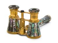 A Pair of French Abalone Veneered Opera Glasses, Lemaire, Width 3 7/8 inches.