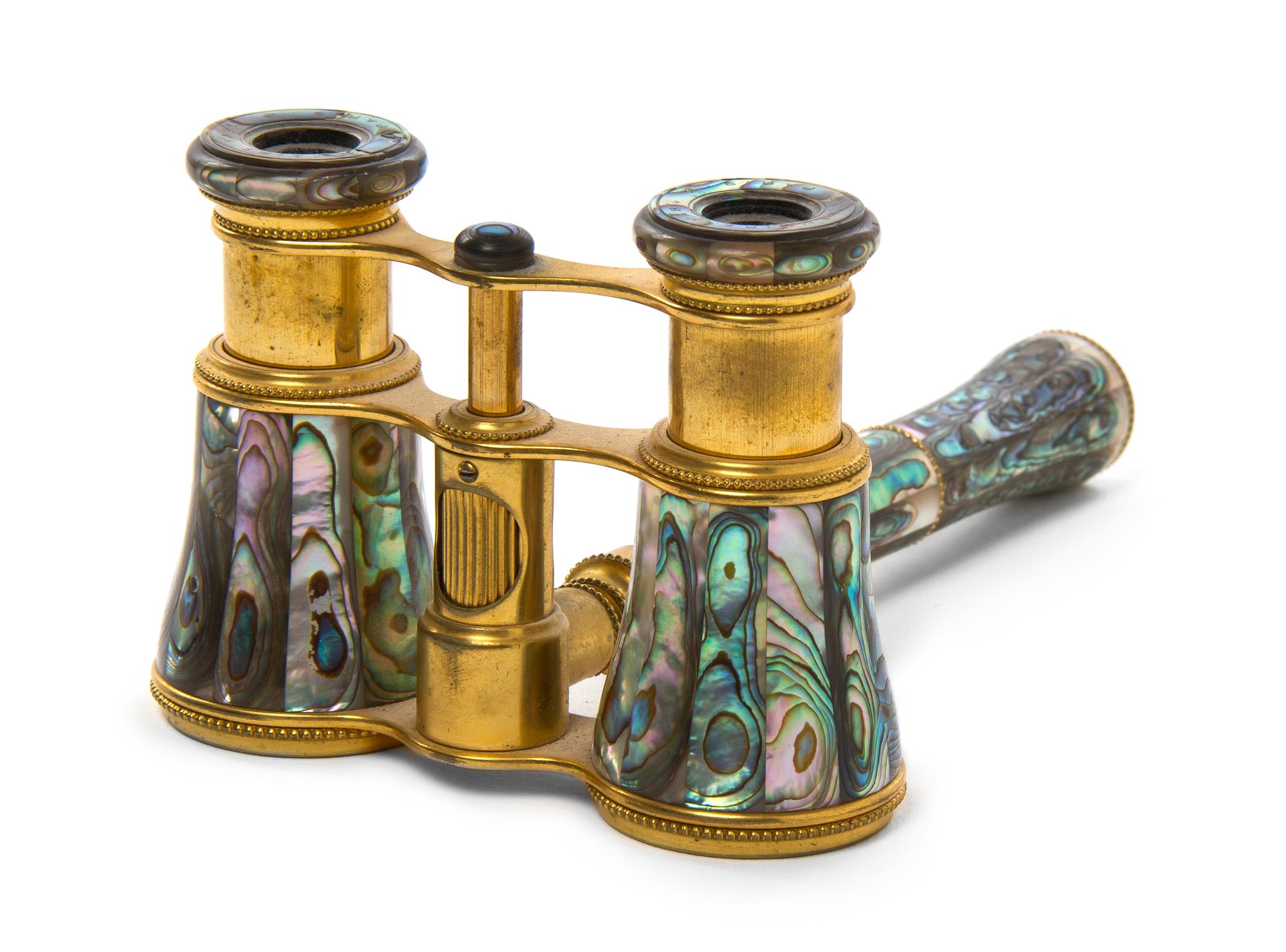 A Pair of French Abalone Veneered Opera Glasses, Lemaire, Width 3 7/8 inches.