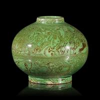 A Chinese Green Glazed Marbled Pottery Jar — 綠釉攪胎罐