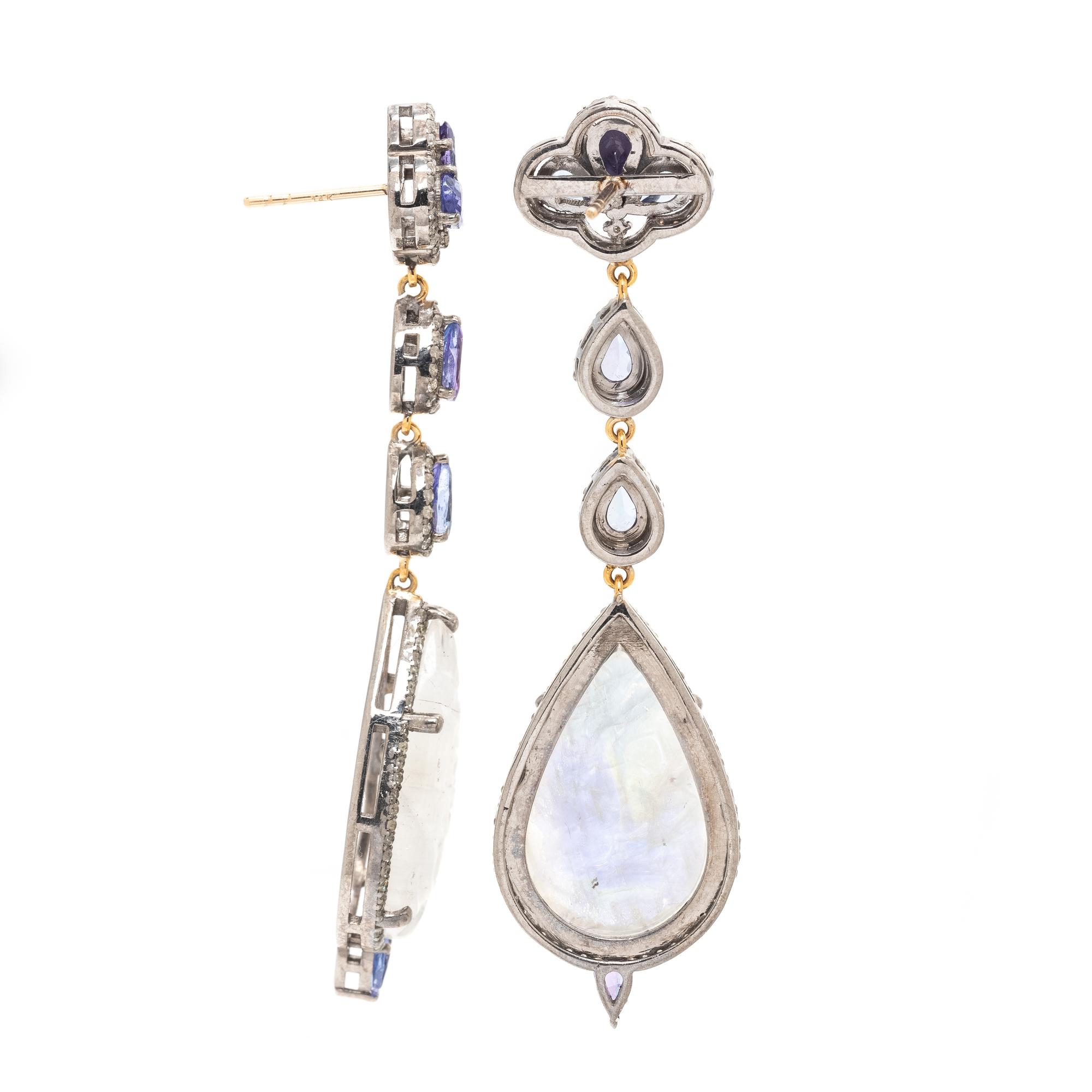 CARVED MOONSTONE, TANZANITE, AND DIAMOND EARRINGS