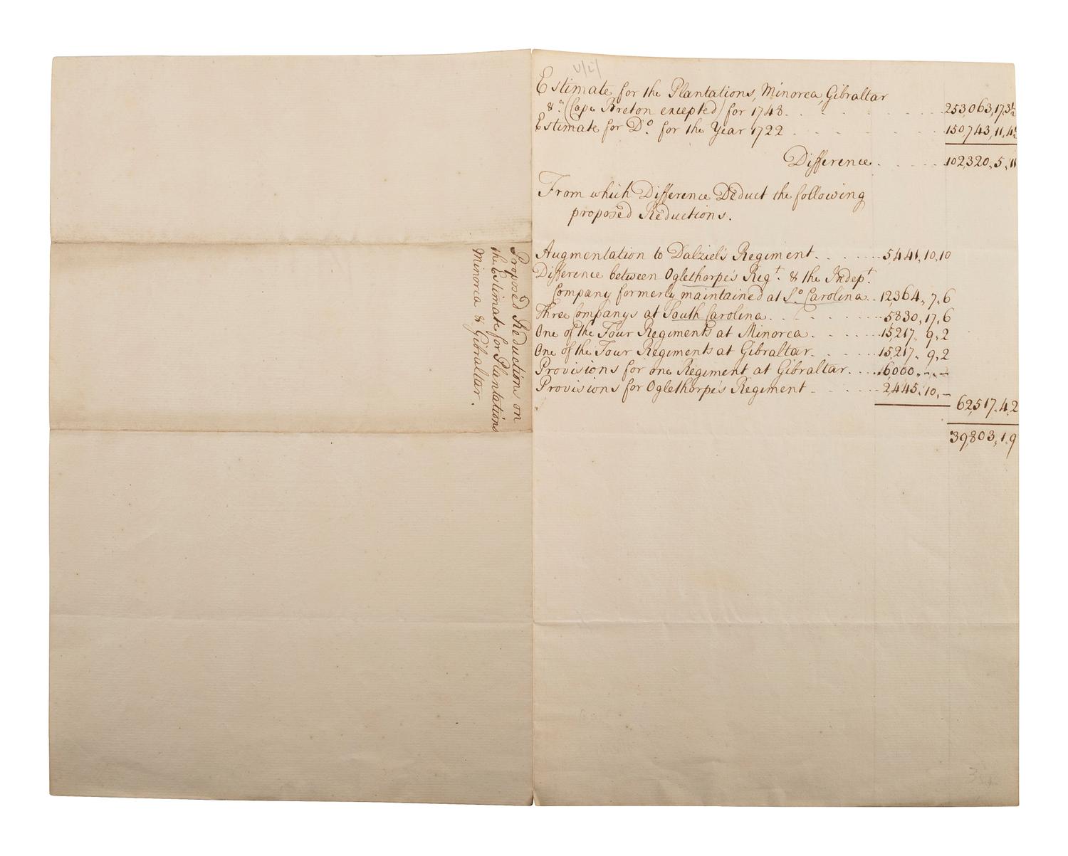 [COLONIAL AMERICA]. Manuscript identifying a budget allotment for Oglethorpe's regiment in Georgia.