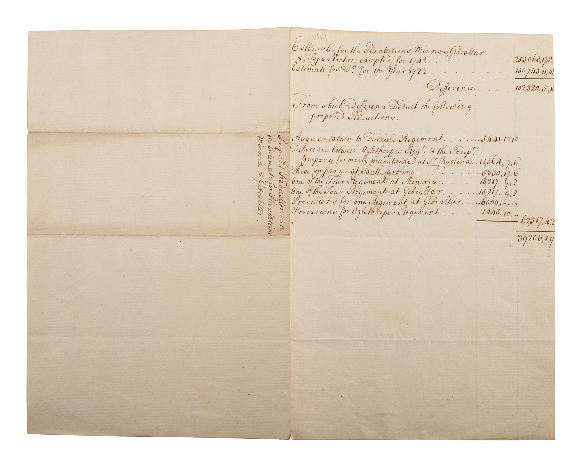 [COLONIAL AMERICA]. Manuscript identifying a budget allotment for Oglethorpe's regiment in Georgia.