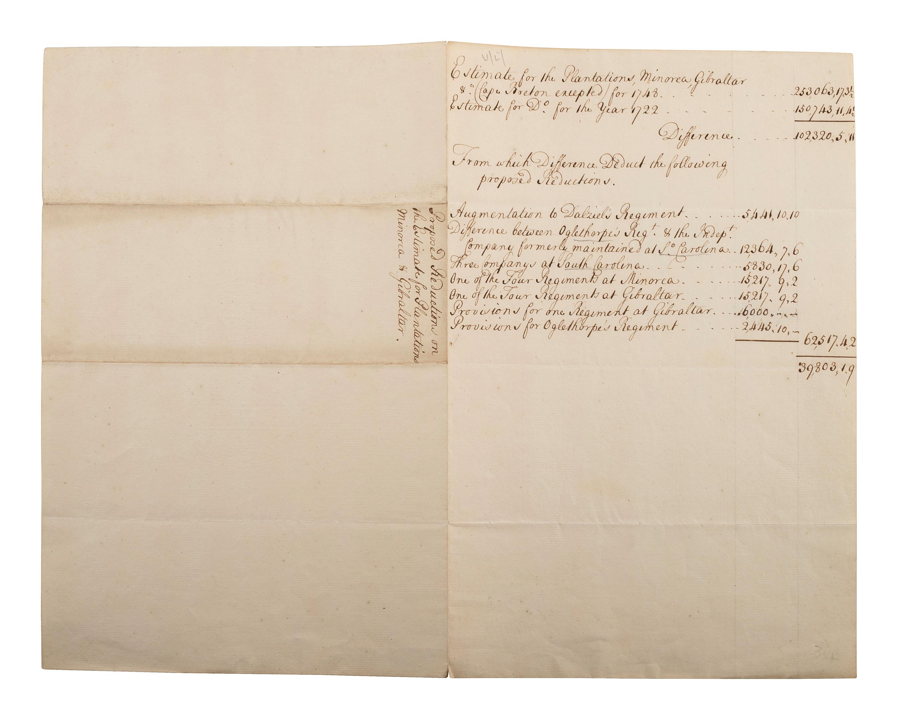 [COLONIAL AMERICA]. Manuscript identifying a budget allotment for Oglethorpe's regiment in Georgia.