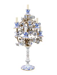 An Italian Gilt Metal and Porcelain Mounted Seven-Light Candelabrum