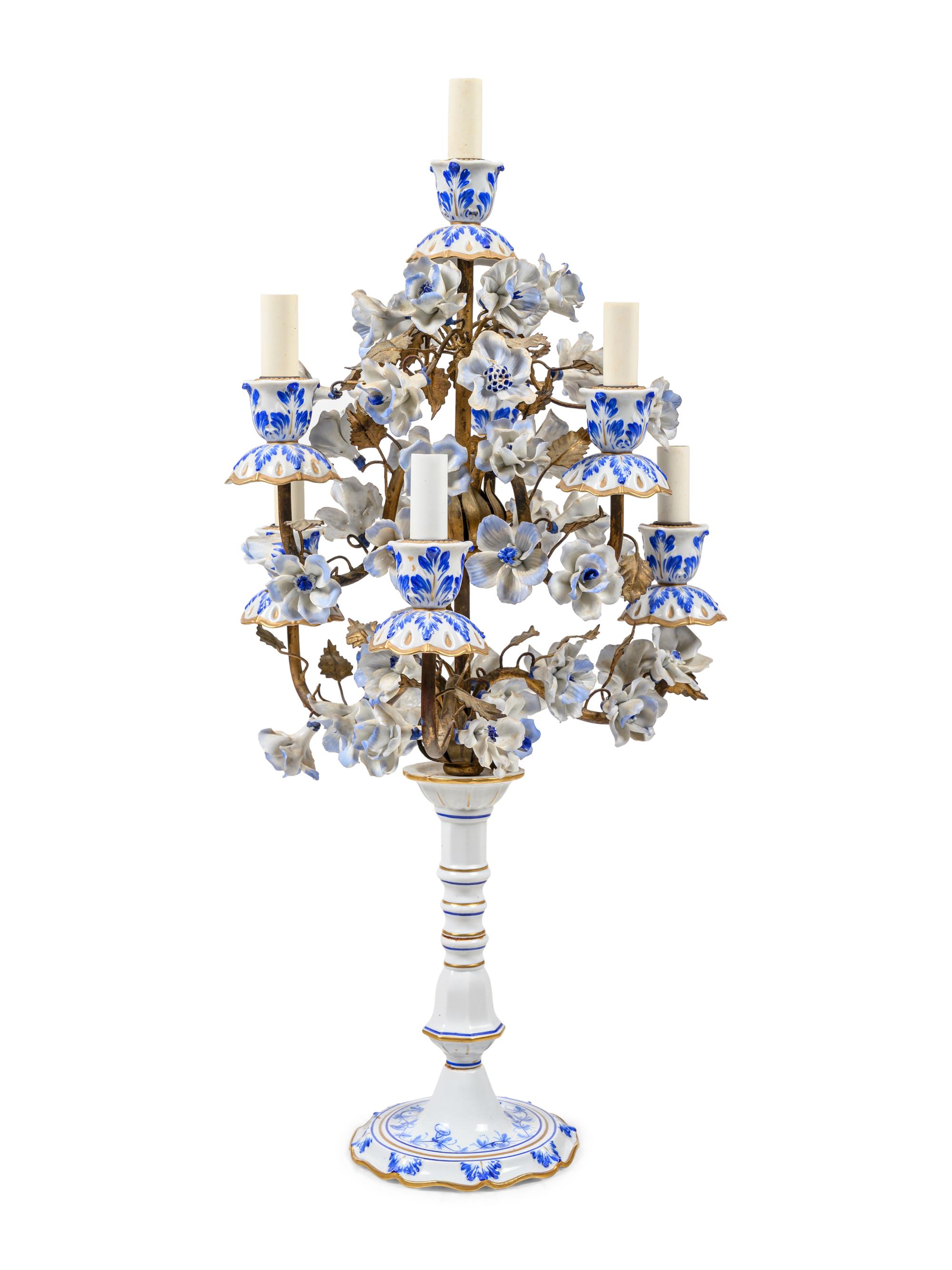An Italian Gilt Metal and Porcelain Mounted Seven-Light Candelabrum