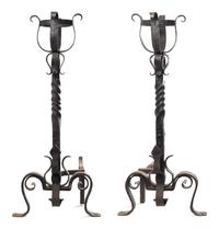 A Pair of Large Wrought Iron Andirons Height 39 inches.