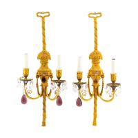 A Pair of French Gilt Bronze and Glass Two Light Sconces
