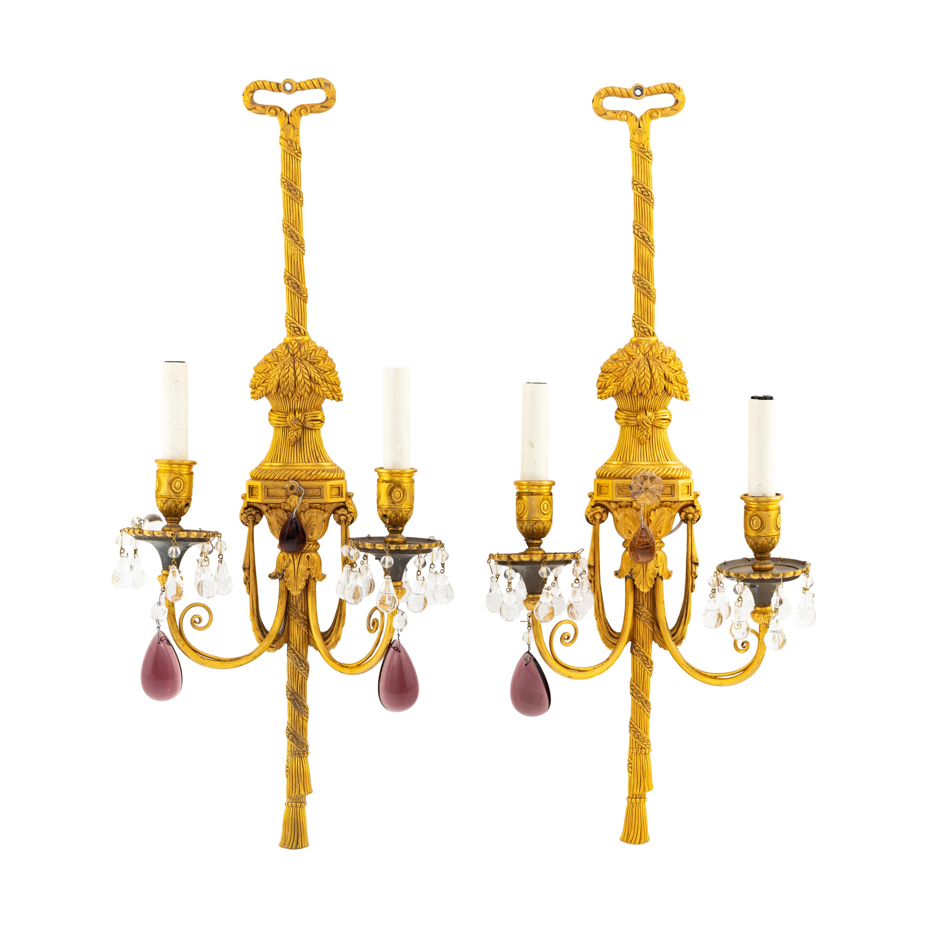 A Pair of French Gilt Bronze and Glass Two Light Sconces