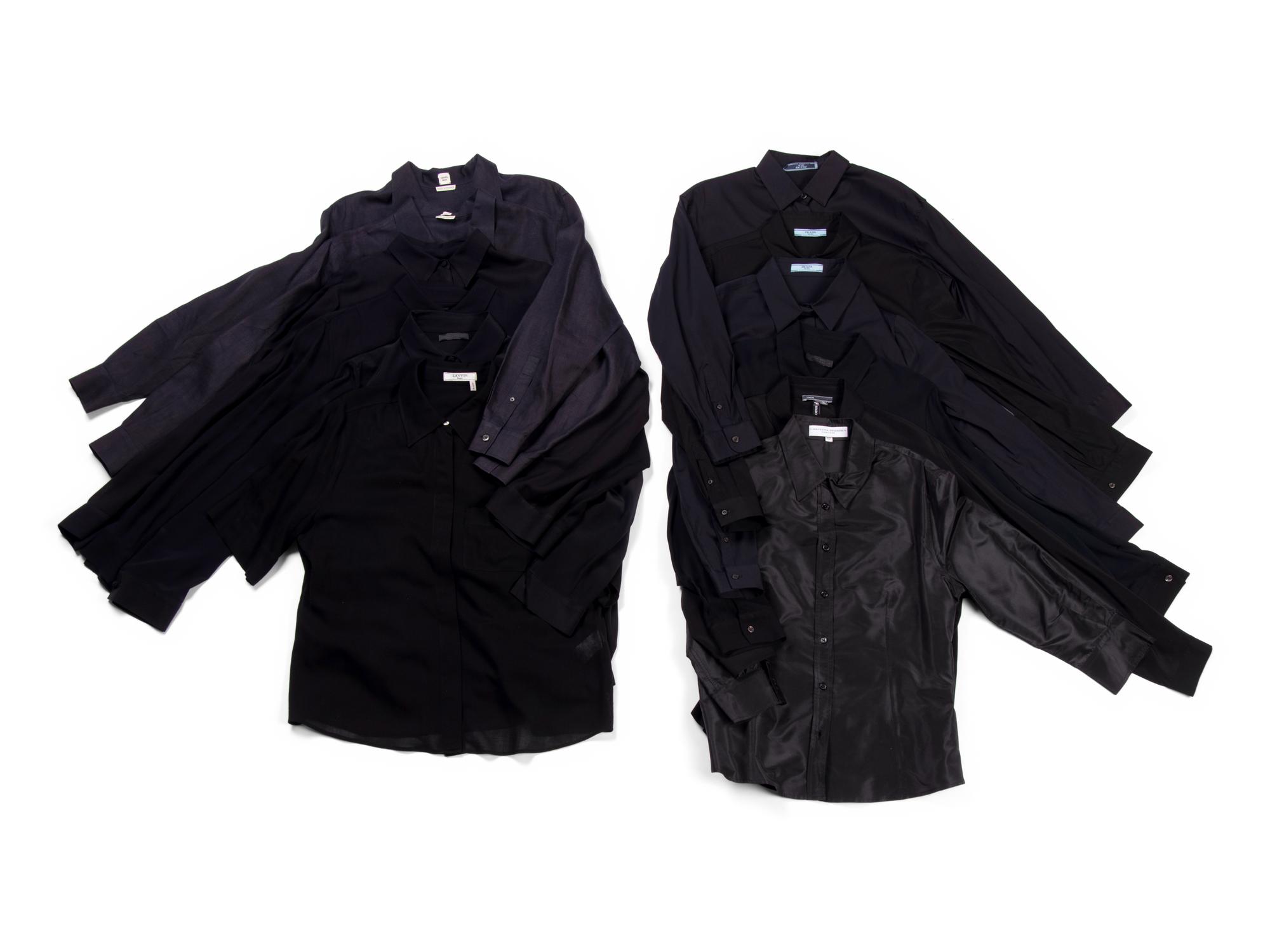 Twelve Designer Button Down Tops: One Carolina Herrera, One Vince, One Lanvin, Two Hermès, Three Prada, and Four The Row