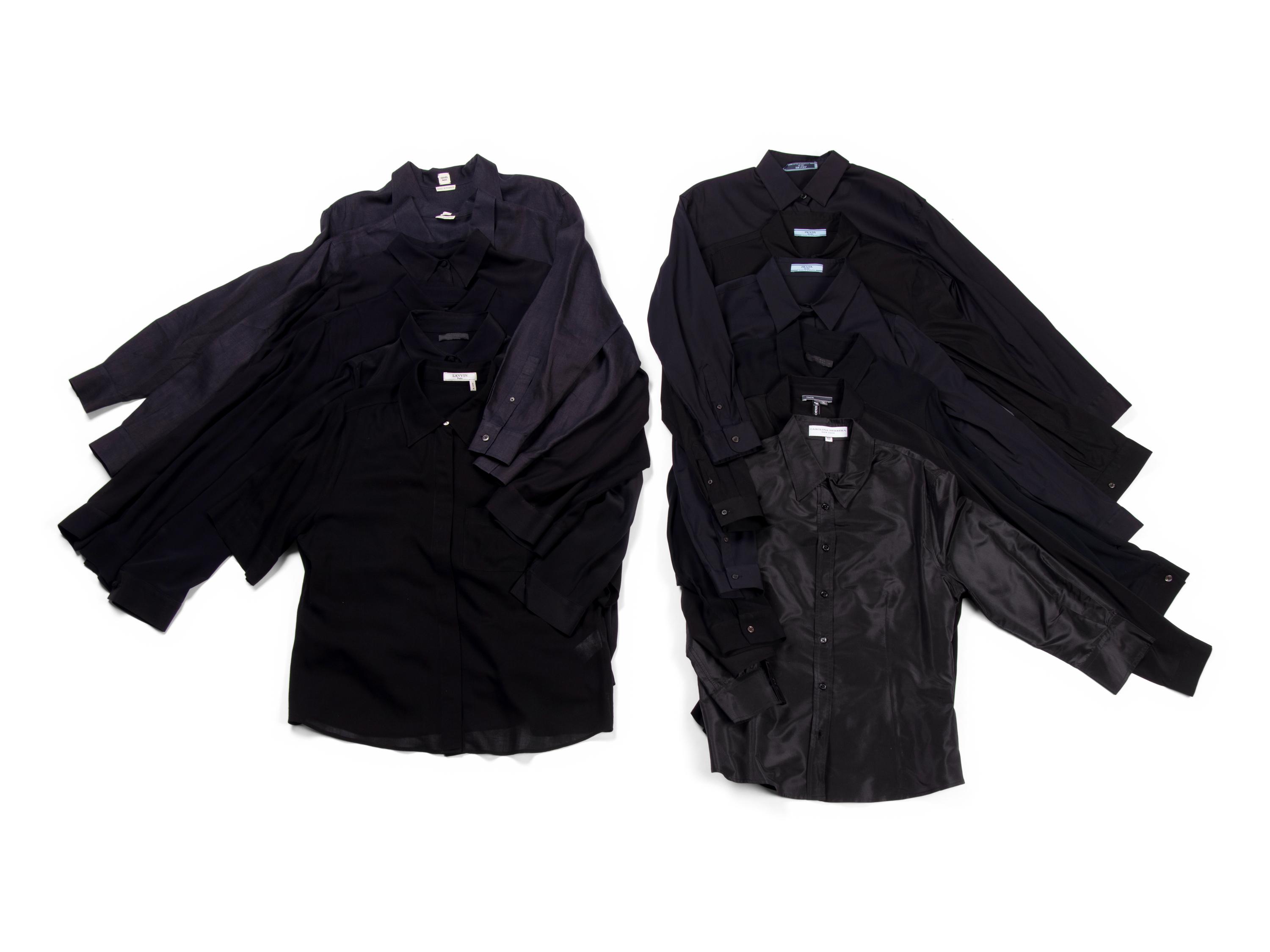 Twelve Designer Button Down Tops: One Carolina Herrera, One Vince, One Lanvin, Two Hermès, Three Prada, and Four The Row