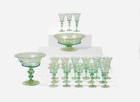 A group of twenty-one Venetian or Murano green and blue blown glass tablewares, 20th century