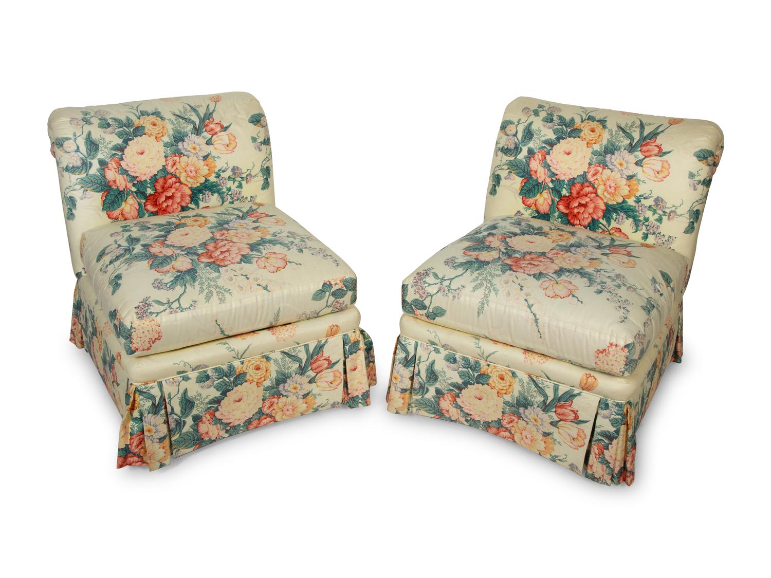 A Pair of Chintz-Upholstered Slipper Chairs Supplied by Mario Buatta