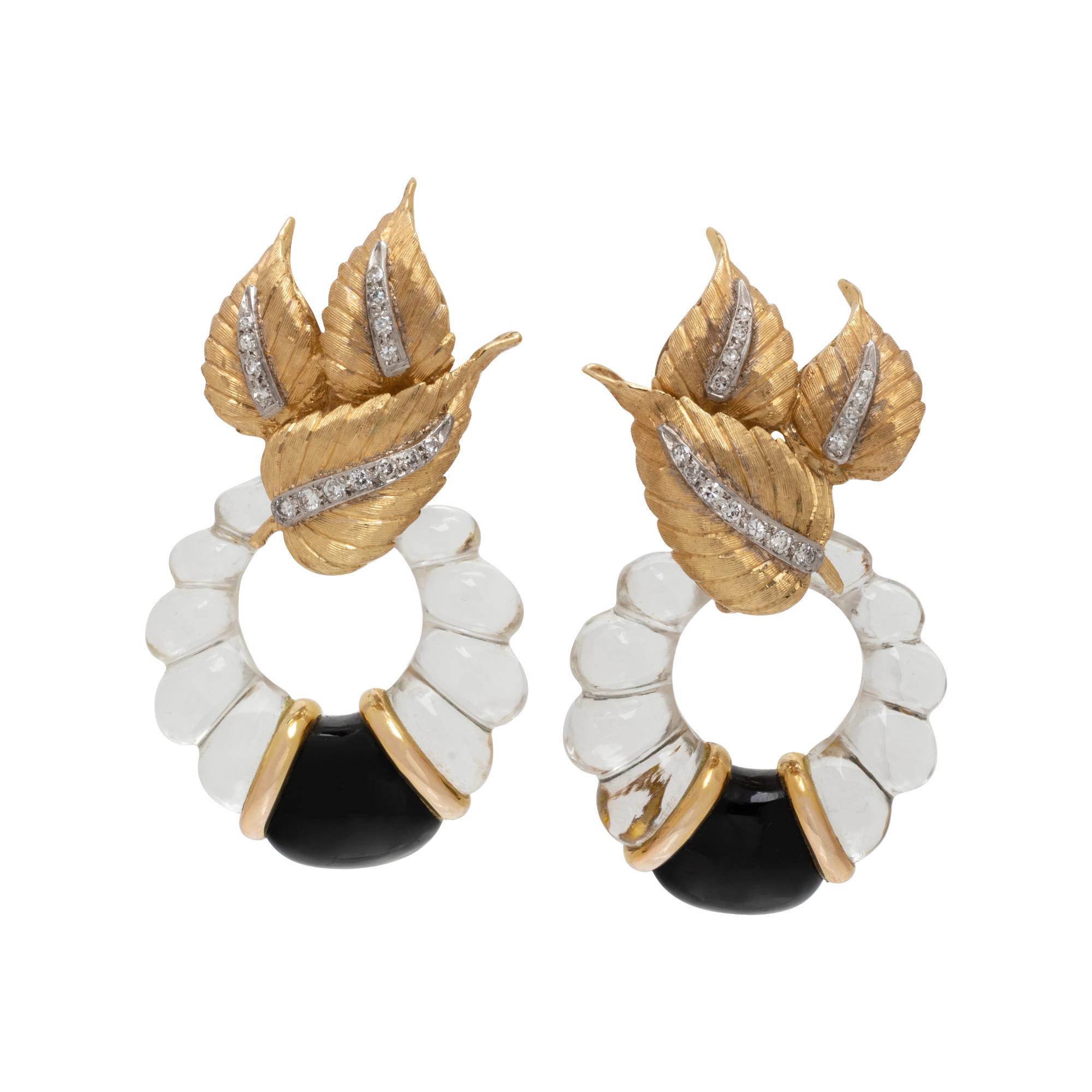 YELLOW GOLD, DIAMOND, ROCK CRYSTAL AND ONYX CONVERTIBLE EARCLIPS
