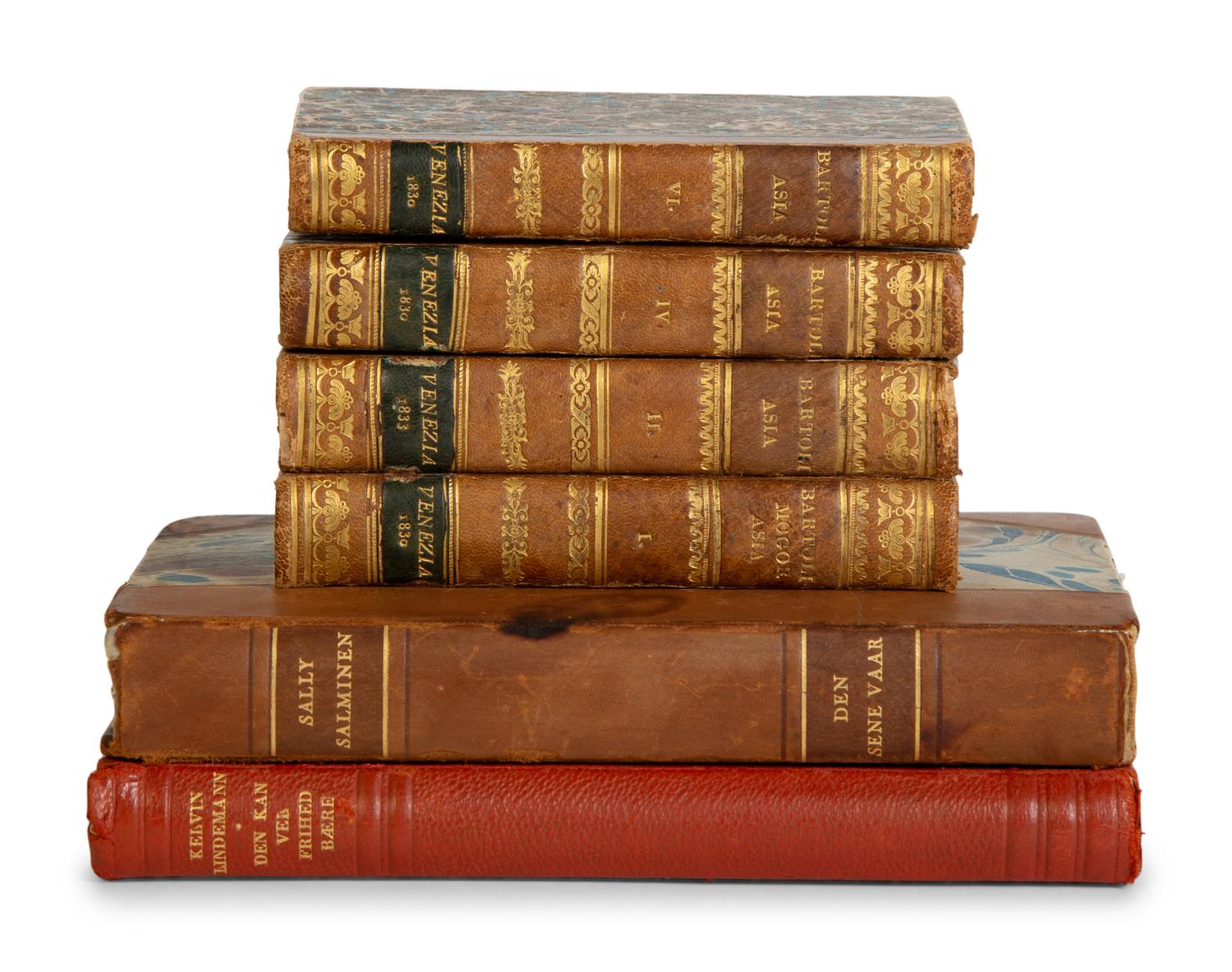Six Gilt-Tooled Leather Books with Marbled Boards