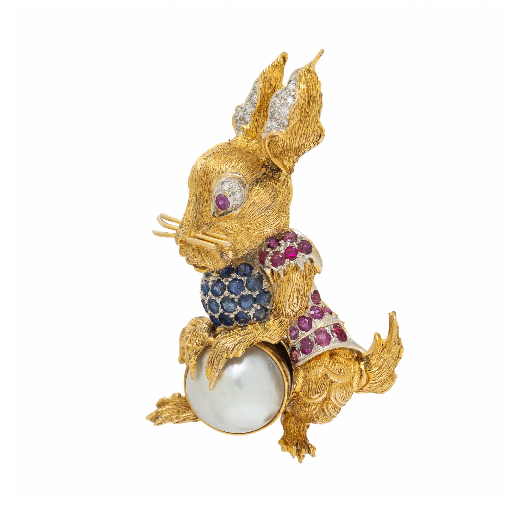 BICOLOR GOLD AND MULTIGEM BUNNY BROOCH