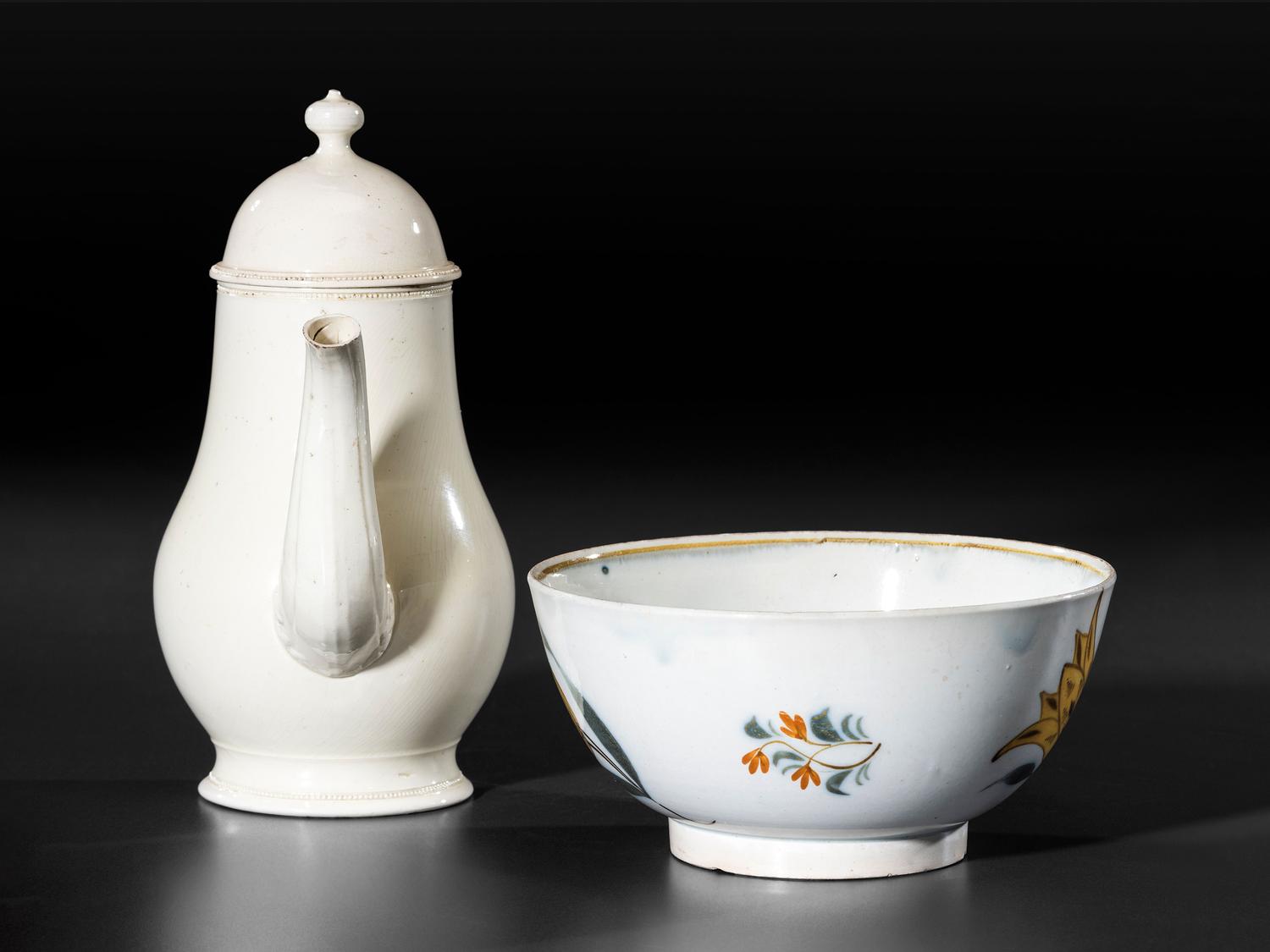 A Leeds Diminutive Creamware Coffeepot and Paint Decorated Pearlware Bowl