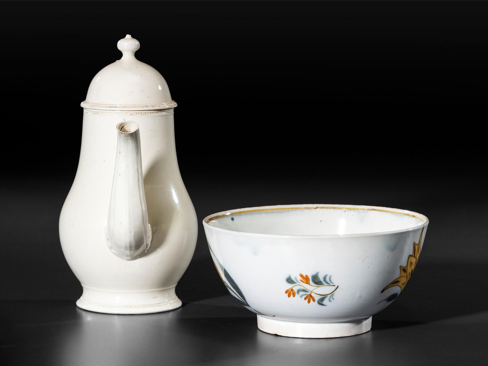 A Leeds Diminutive Creamware Coffeepot and Paint Decorated Pearlware Bowl