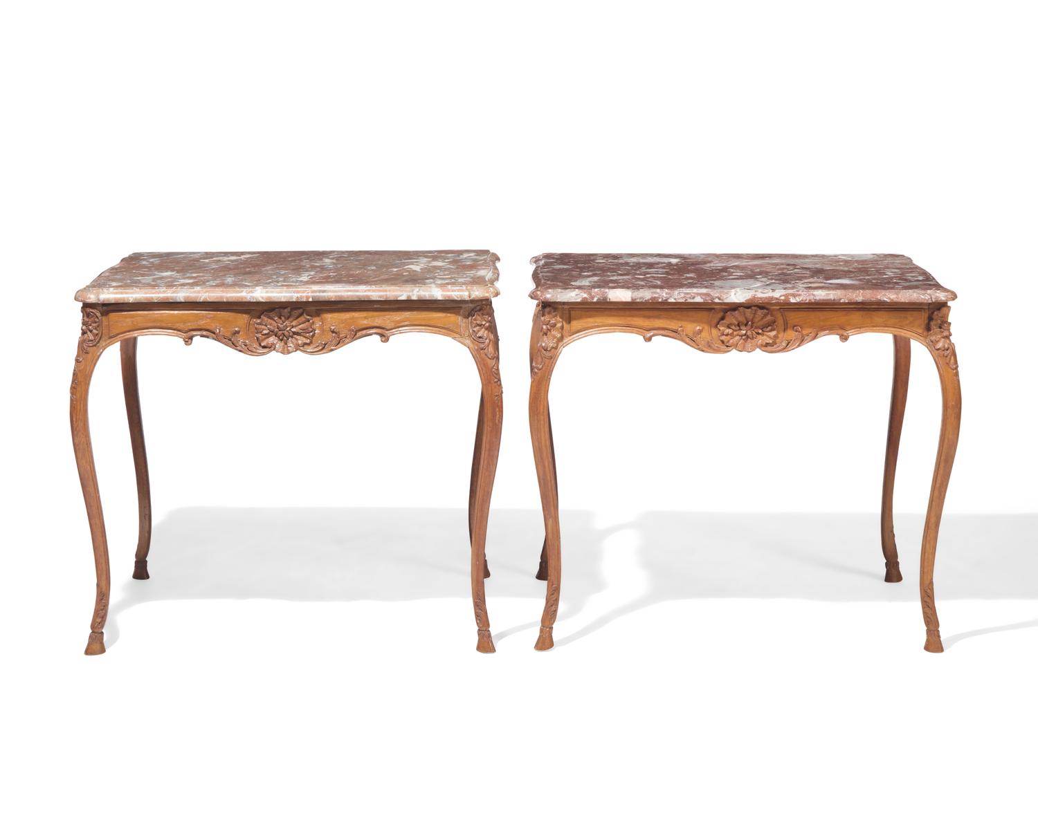 A rare near pair of Louis XV oak side tables with rouge marble tops, 18th / 19th century