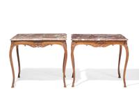 A rare near pair of Louis XV oak side tables with rouge marble tops, 18th / 19th century