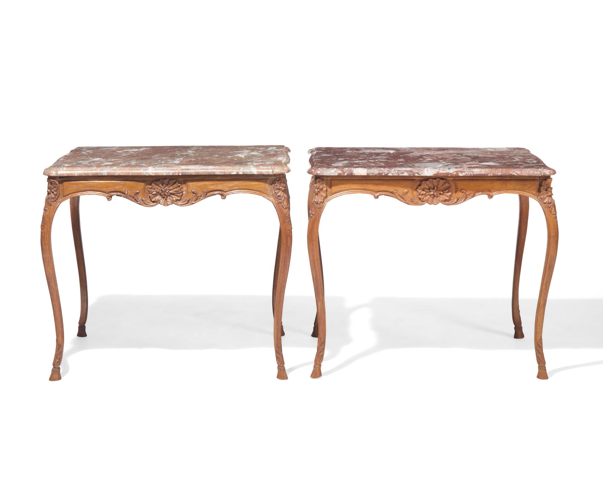 A rare near pair of Louis XV oak side tables with rouge marble tops, 18th / 19th century