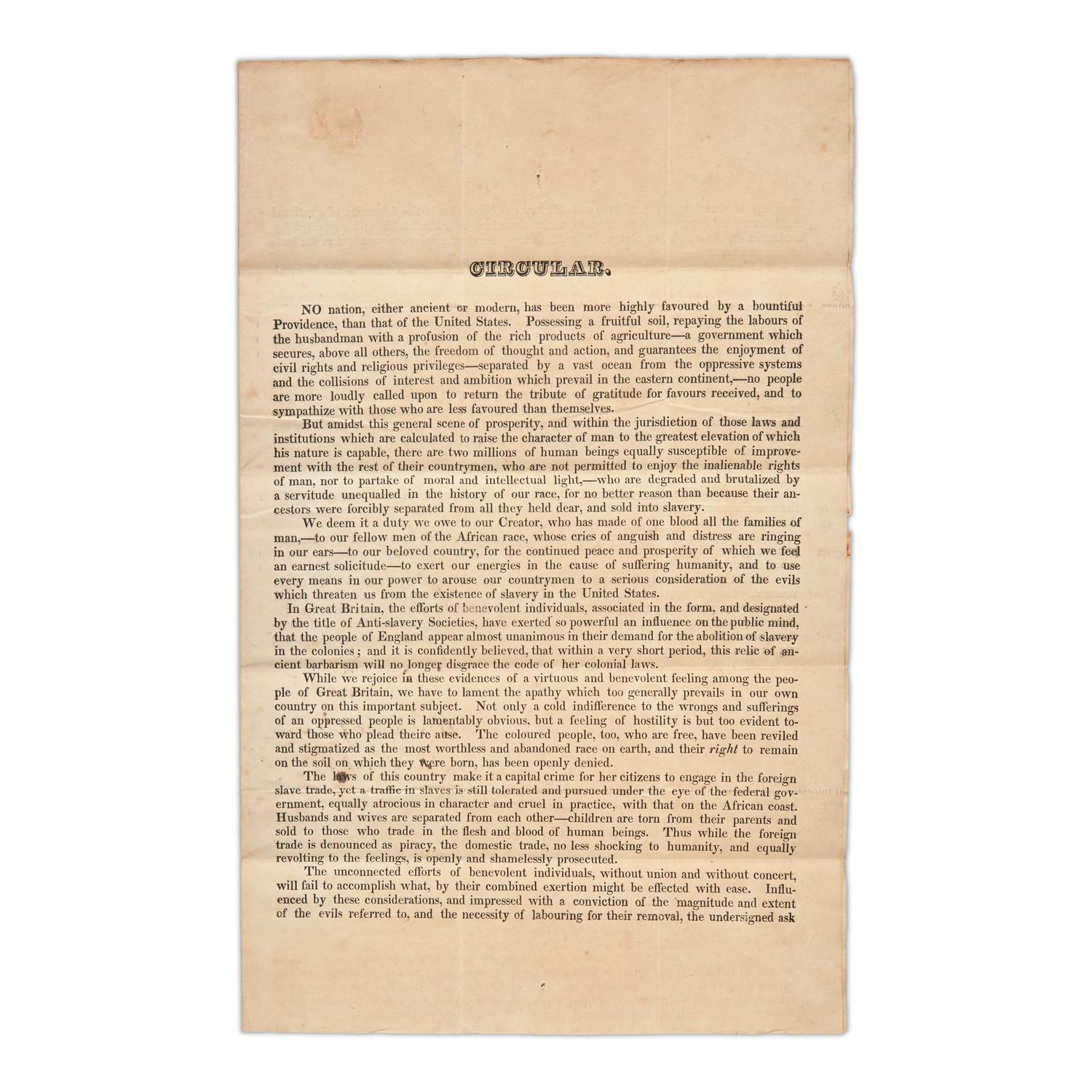[African-Americana] May, Rev. Samuel J., and Evan Lewis, and George Benson, and Rowland Greene. Printed Circular Calling for the Formation of a National Anti-Slavery Society