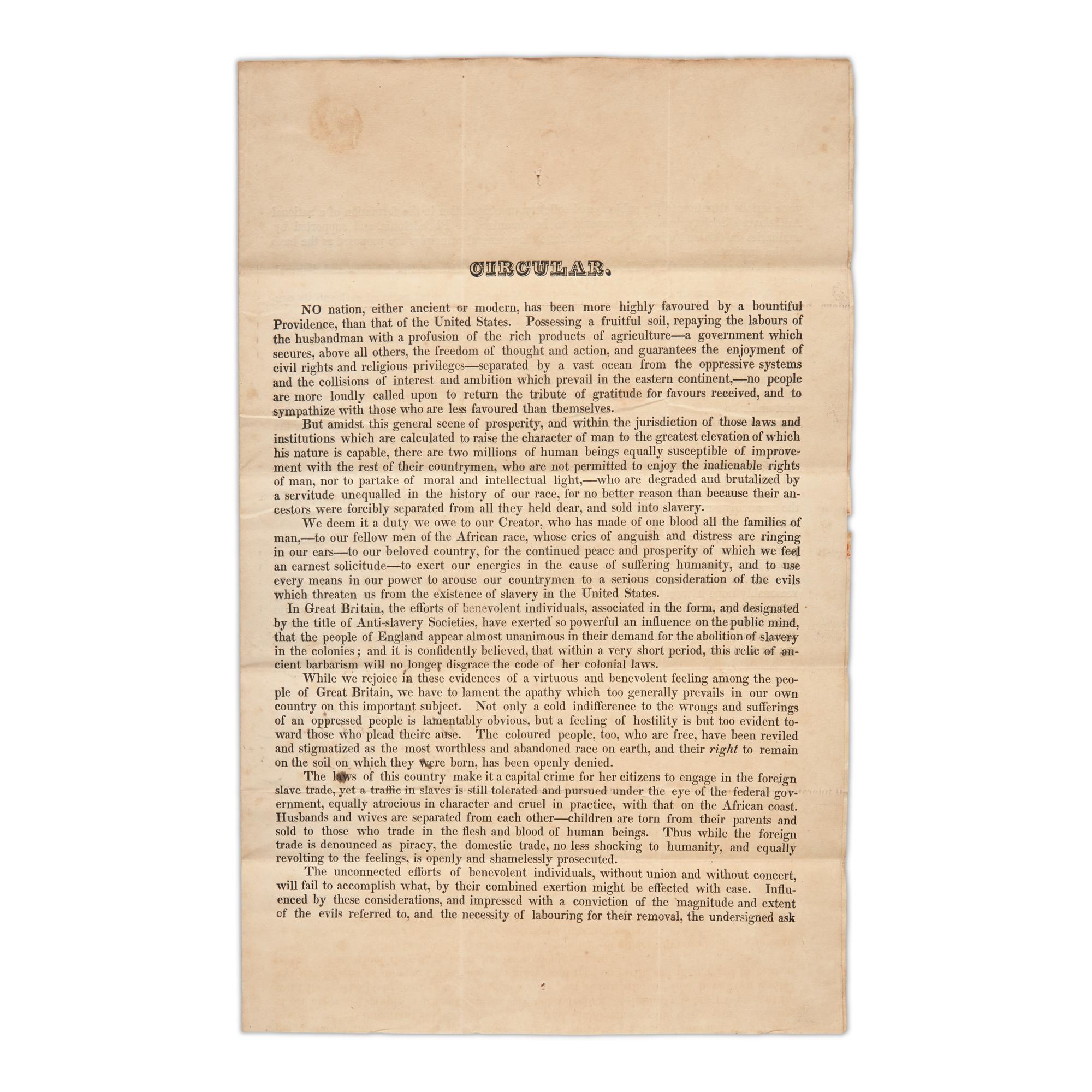 [African-Americana] May, Rev. Samuel J., and Evan Lewis, and George Benson, and Rowland Greene. Printed Circular Calling for the Formation of a National Anti-Slavery Society