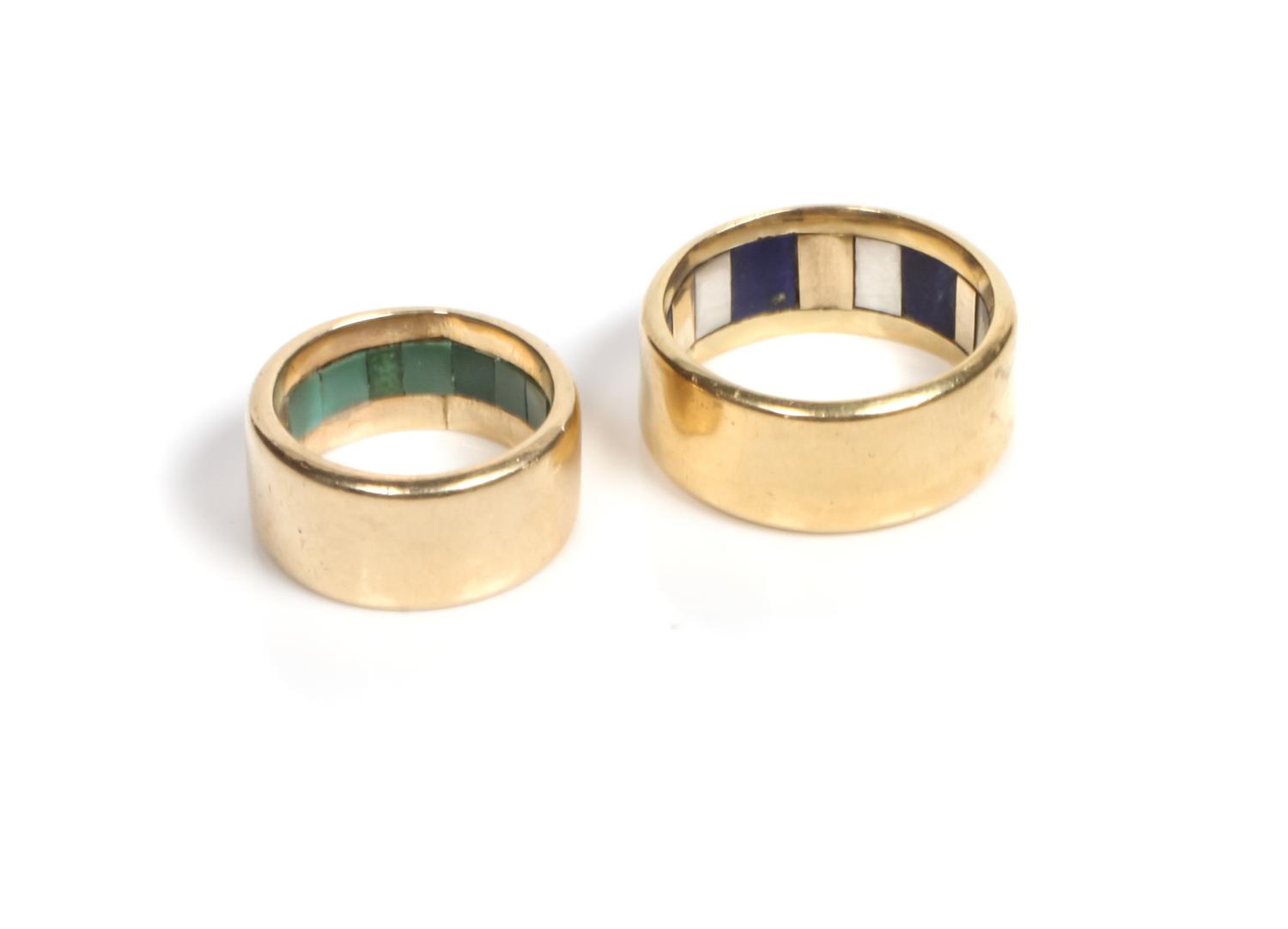 Hopi 18 Karat Yellow Gold and Multi-Stone Inlaid Wedding Band Set, Charles Loloma (1921-1991)
