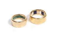 Hopi 18 Karat Yellow Gold and Multi-Stone Inlaid Wedding Band Set, Charles Loloma (1921-1991)