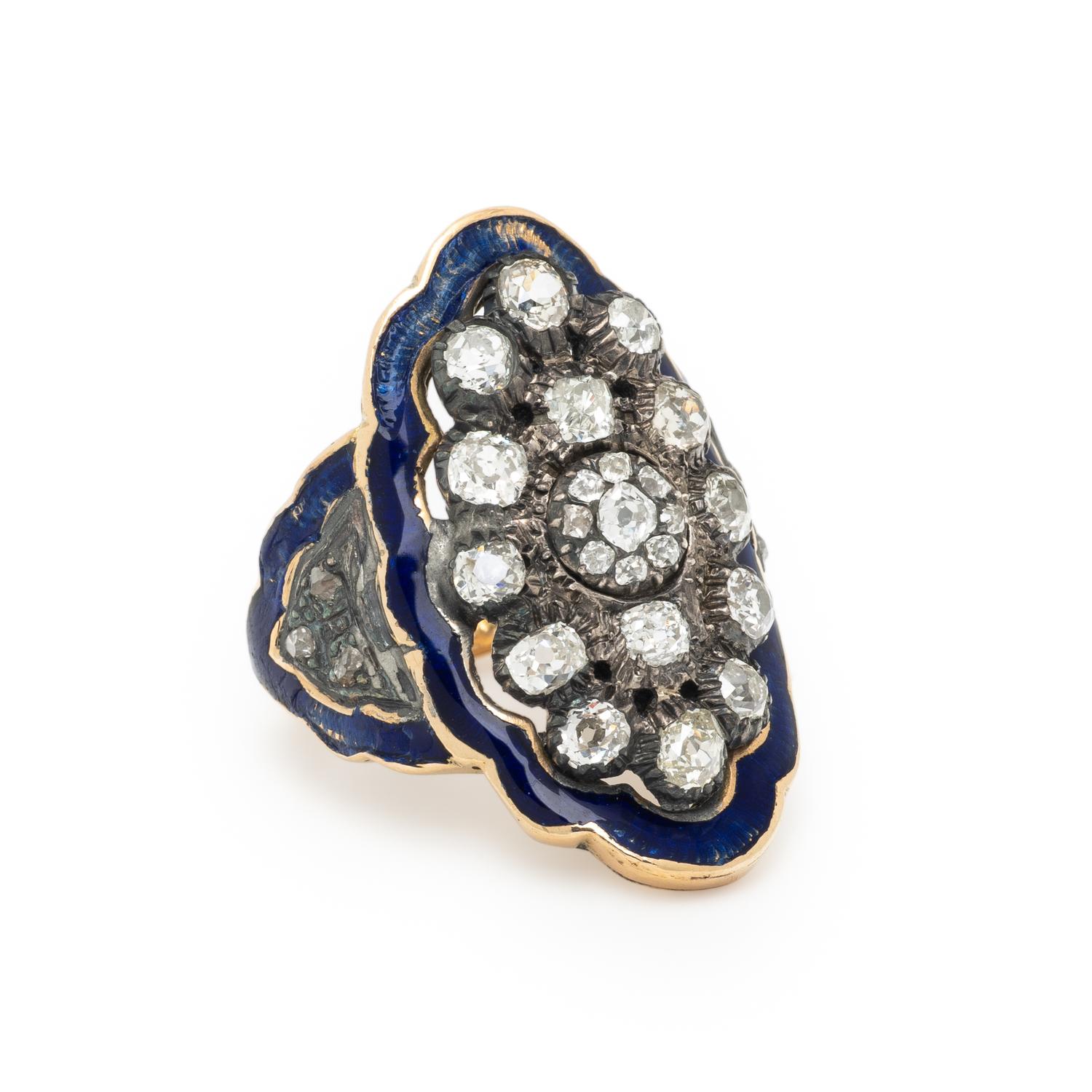 ANTIQUE, DIAMOND, ENAMEL, AND YELLOW GOLD RING