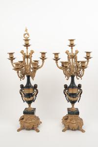 A Pair of Empire Style Gilt Metal Mounted Marble Seven-Light Candelabra