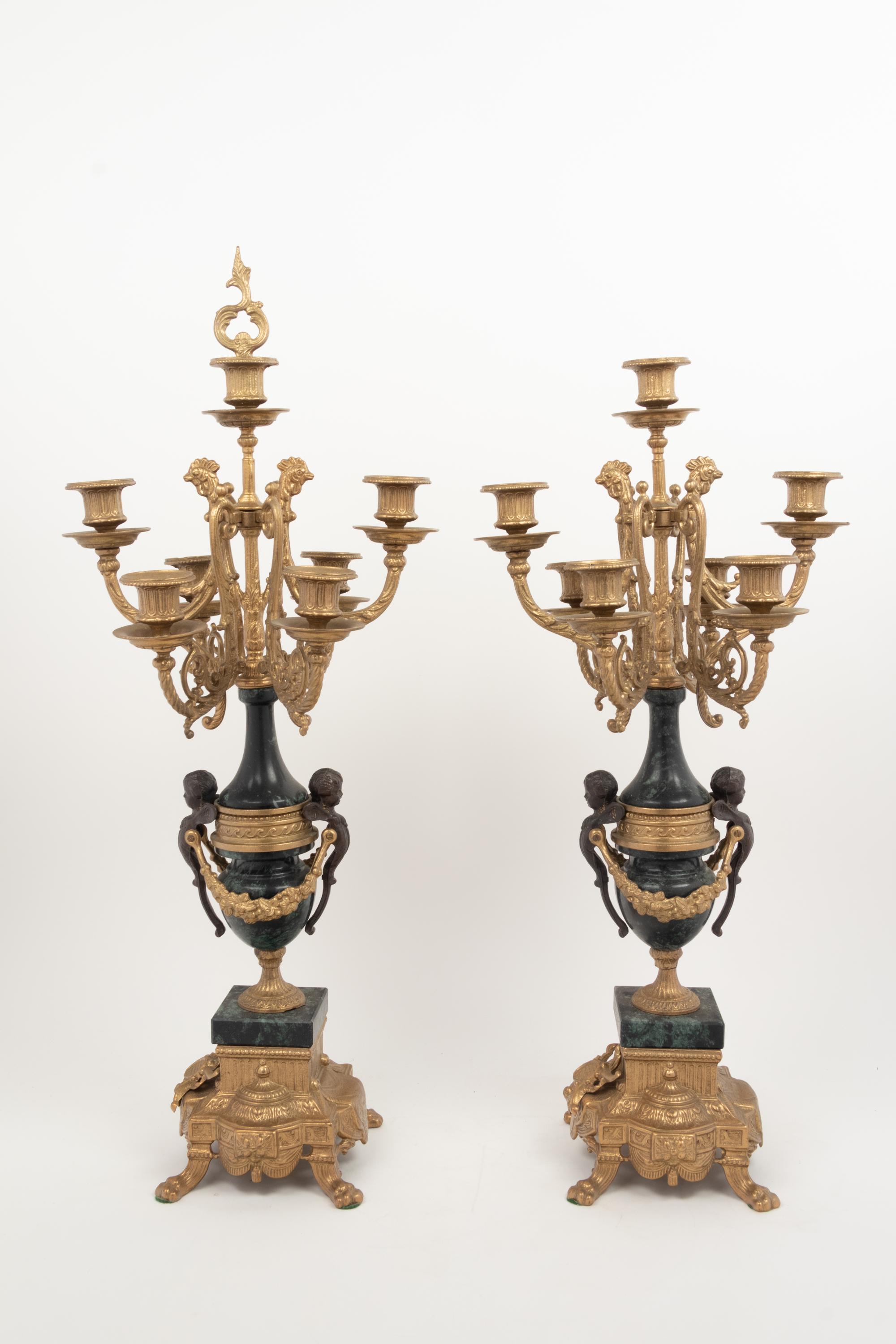 A Pair of Empire Style Gilt Metal Mounted Marble Seven-Light Candelabra